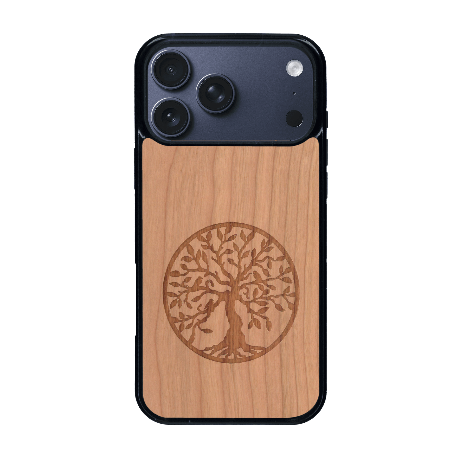 Coque de protection en bois véritable fabriquée en France pour iPhone 17 Pro Max sur le thème de la spiritualité et du yoga avec une gravure zen représentant un arbre de vie