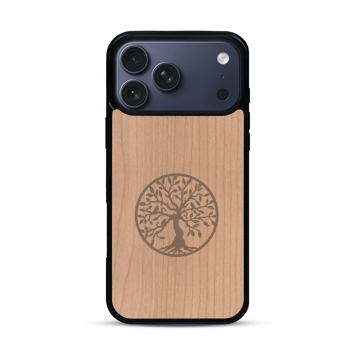 Coque de protection en bois véritable fabriquée en France pour  sur le thème de la spiritualité et du yoga avec une gravure zen représentant un arbre de vie