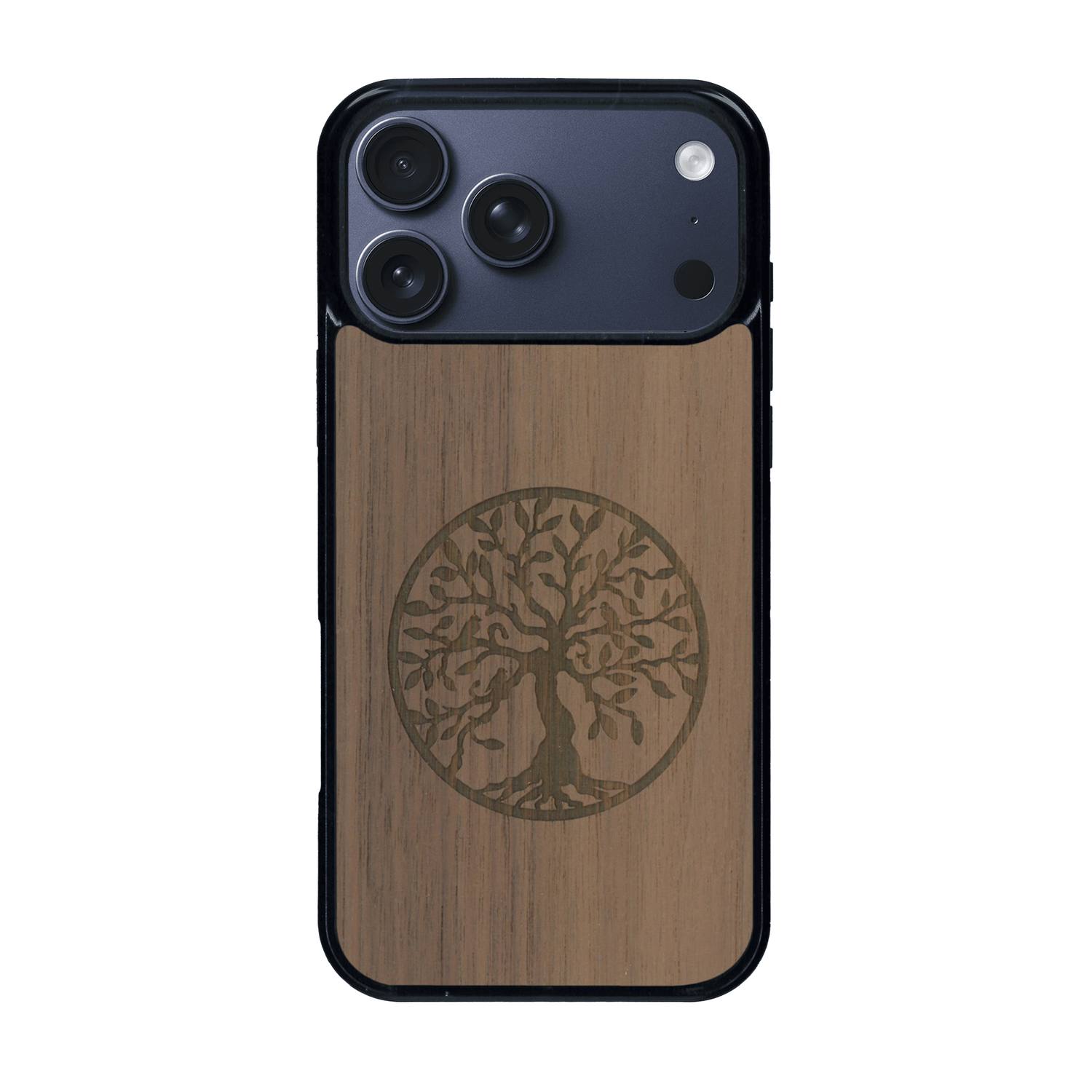 Coque de protection en bois véritable fabriquée en France pour iPhone 17 Pro Max sur le thème de la spiritualité et du yoga avec une gravure zen représentant un arbre de vie