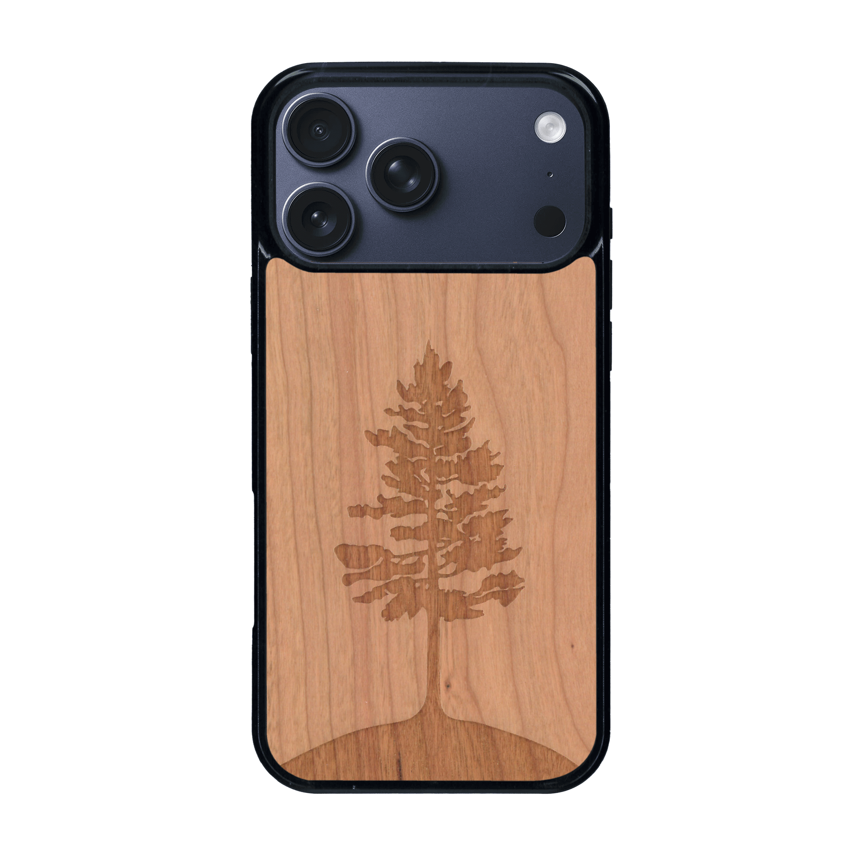 Coque de protection en bois véritable fabriquée en France pour iPhone 17 Pro Max sur le thème de la nature, de la fôret et de l'écoresponsabilité avec une gravure représentant un arbre 