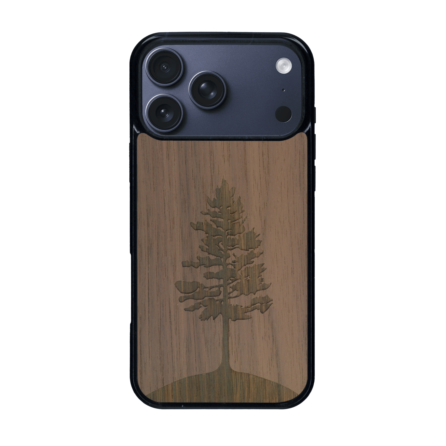 Coque de protection en bois véritable fabriquée en France pour iPhone 17 Pro Max sur le thème de la nature, de la fôret et de l'écoresponsabilité avec une gravure représentant un arbre 