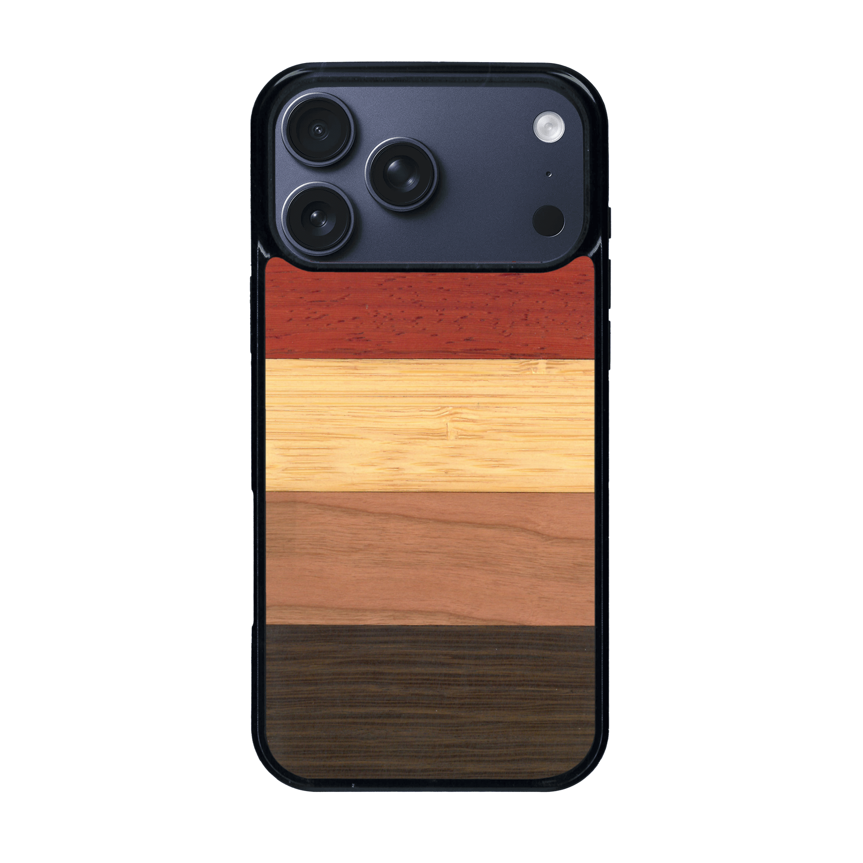 Coque de protection en bois véritable fabriquée en France pour iPhone 17 Pro Max alliant des bandes horizontales de bambou, merisier, padouk, noyer et chêne fumé