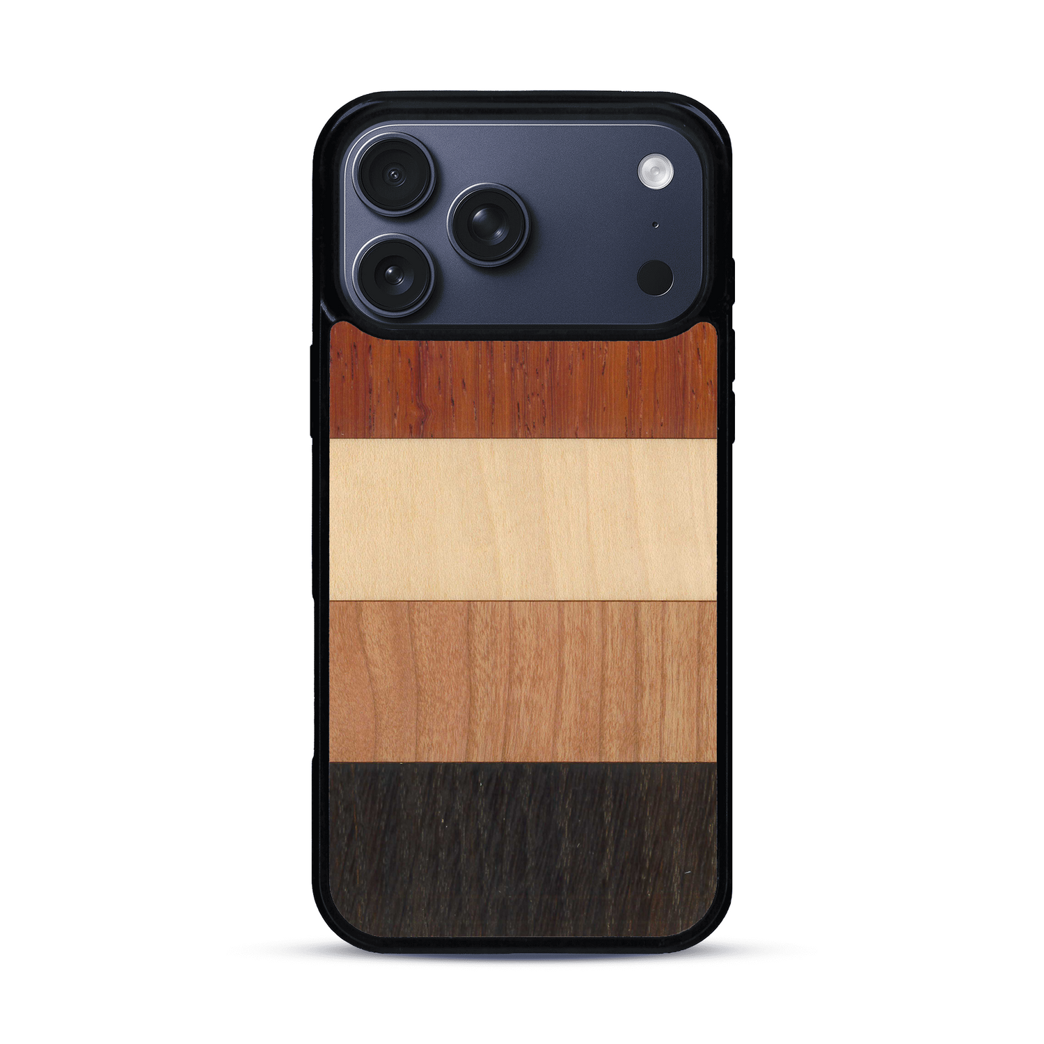 Coque de protection en bois véritable fabriquée en France pour  alliant des bandes horizontales de bambou, merisier, padouk, noyer et chêne fumé