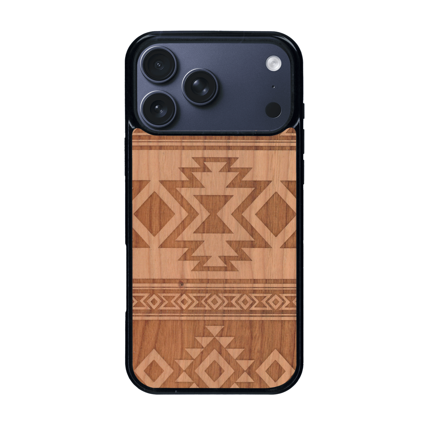 Coque de protection en bois véritable fabriquée en France pour iPhone 17 Pro Max avec des motifs géométriques s'inspirant des temples aztèques, mayas et incas