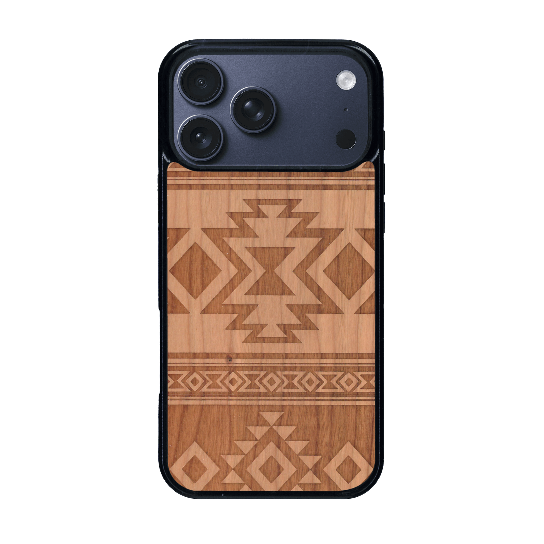 Coque de protection en bois véritable fabriquée en France pour iPhone 17 Pro Max avec des motifs géométriques s'inspirant des temples aztèques, mayas et incas
