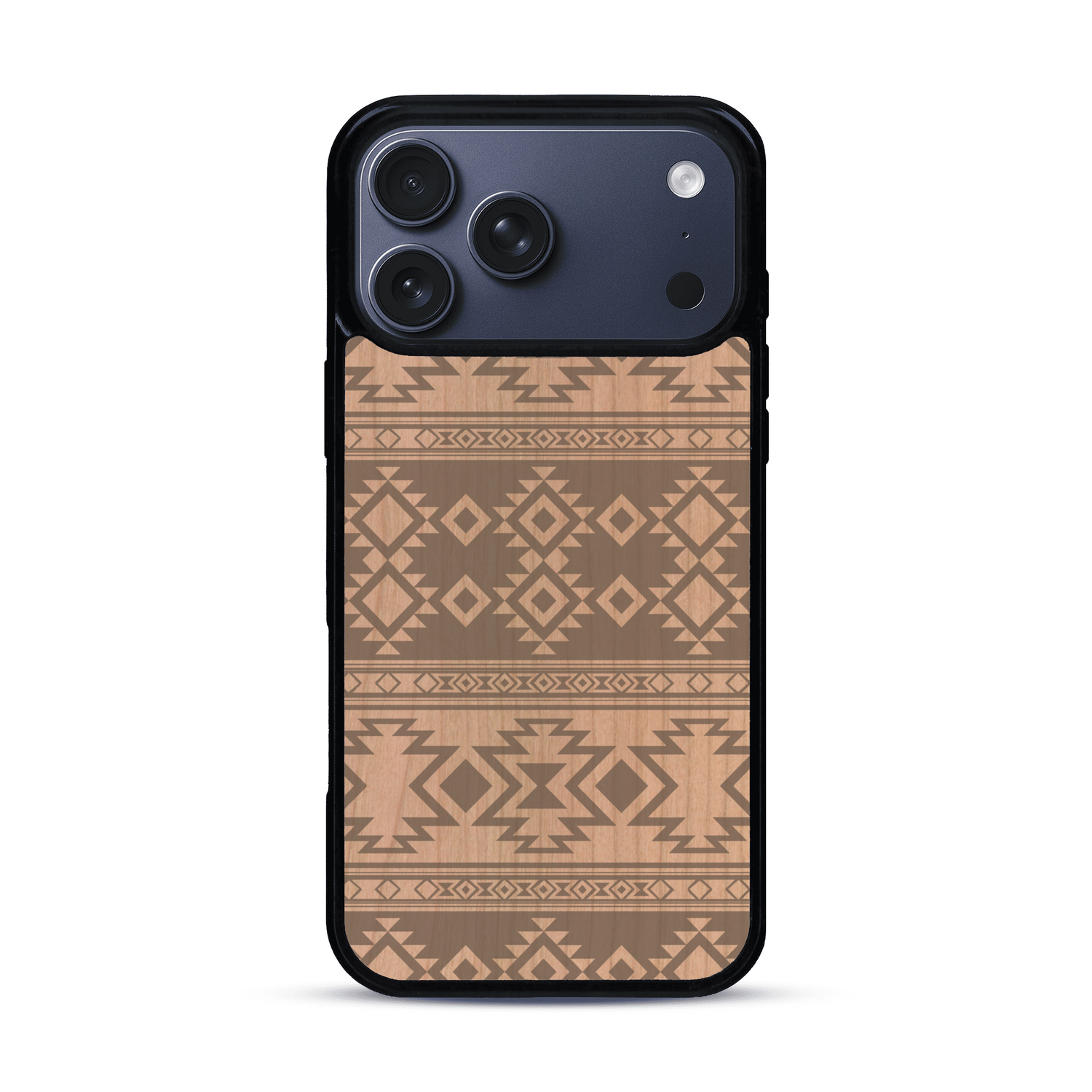 Coque de protection en bois véritable fabriquée en France pour  avec des motifs géométriques s'inspirant des temples aztèques, mayas et incas