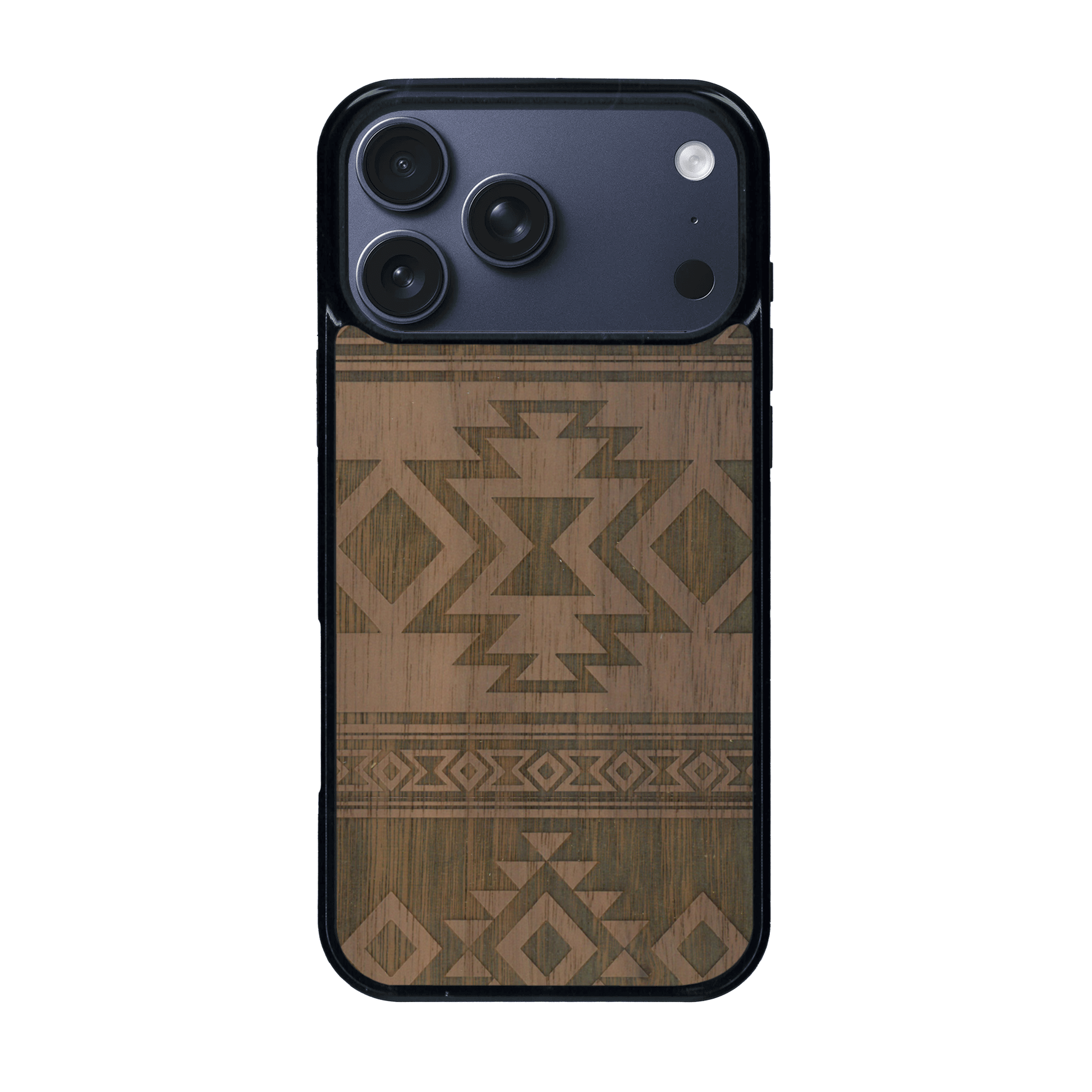 Coque de protection en bois véritable fabriquée en France pour iPhone 17 Pro Max avec des motifs géométriques s'inspirant des temples aztèques, mayas et incas