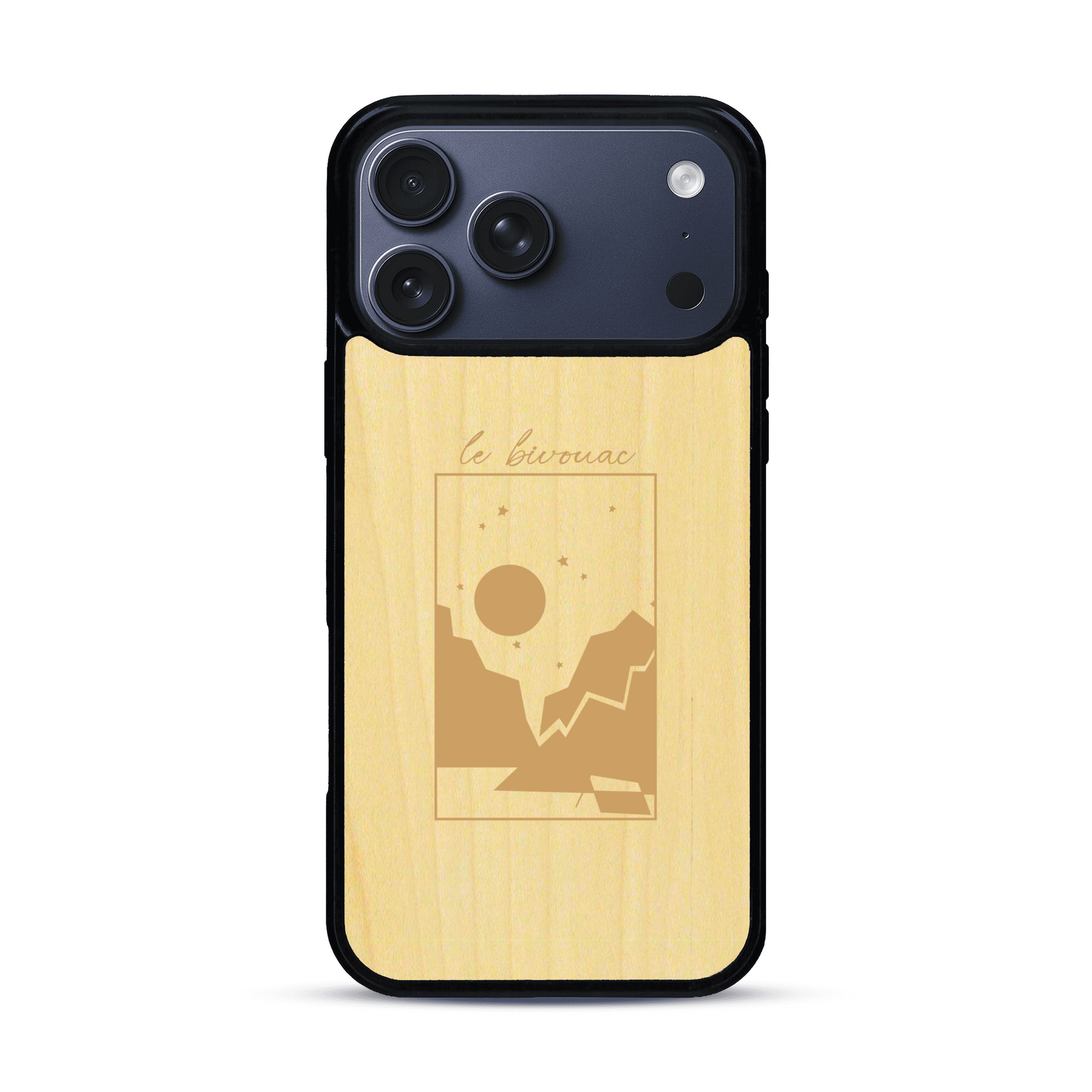 Coque de protection en bois véritable fabriquée en France pour  sur le thème du camping en pleine nature et du bivouac avec la phrase "Aventure is out there"