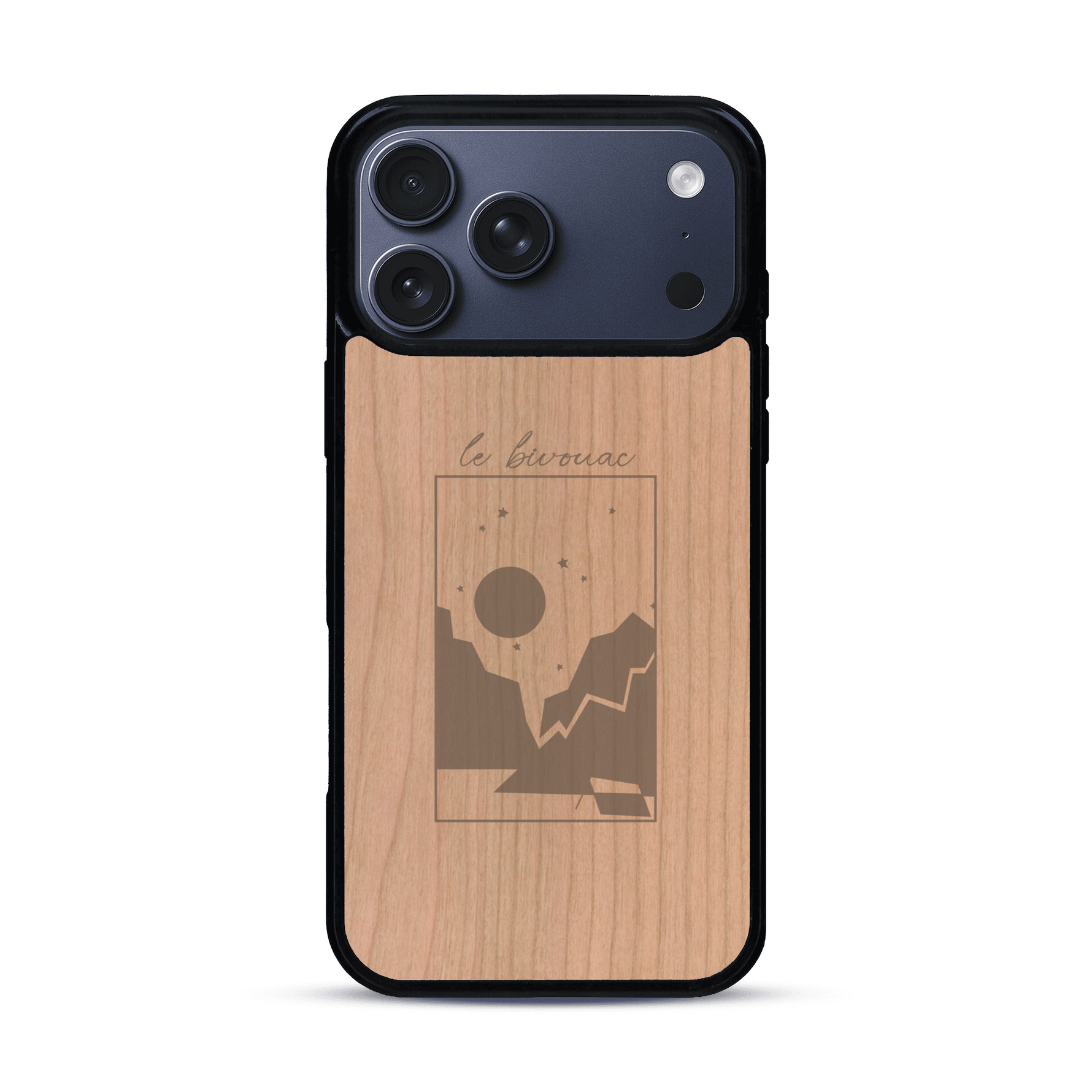 Coque de protection en bois véritable fabriquée en France pour  sur le thème du camping en pleine nature et du bivouac avec la phrase "Aventure is out there"
