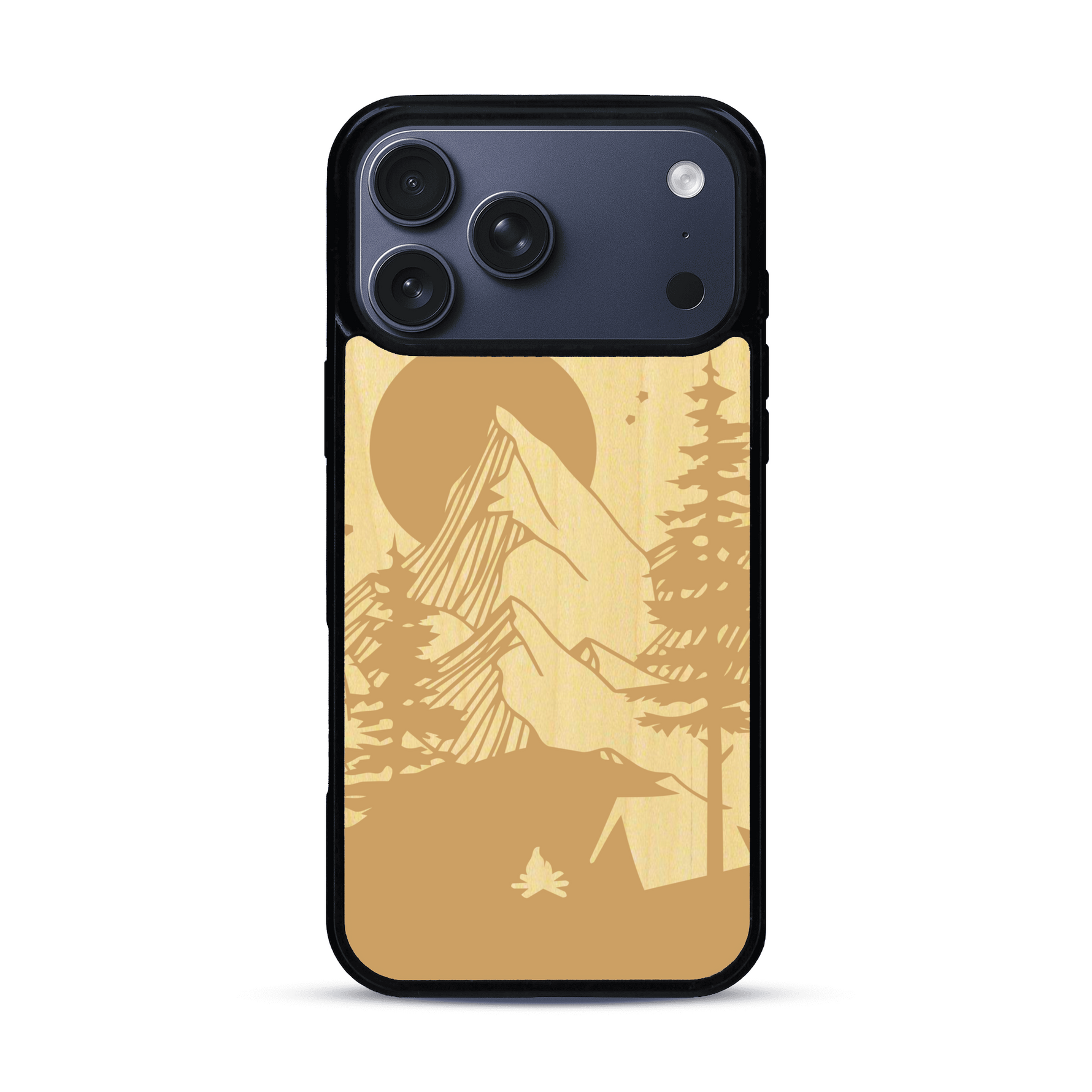 Coque de protection en bois véritable fabriquée en France pour  sur le thème du camping en pleine nature représentant une tente avec un feu de camp entouré de montagnes