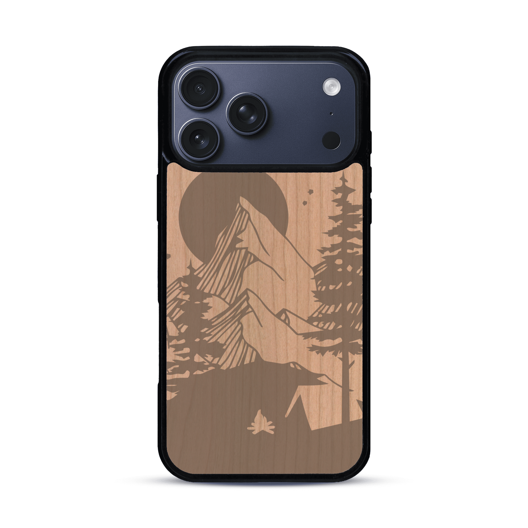 Coque de protection en bois véritable fabriquée en France pour  sur le thème du camping en pleine nature représentant une tente avec un feu de camp entouré de montagnes