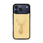 Coque de protection en bois véritable fabriquée en France pour  sur le thème de la nature et des animaux représentant une tête de cerf gométrique avec un design moderne et minimaliste
