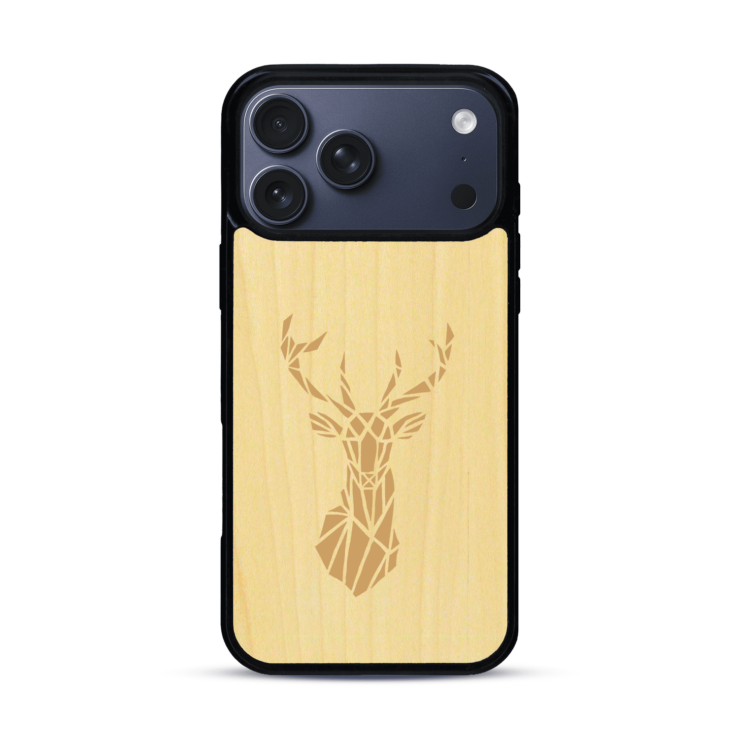 Coque de protection en bois véritable fabriquée en France pour  sur le thème de la nature et des animaux représentant une tête de cerf gométrique avec un design moderne et minimaliste