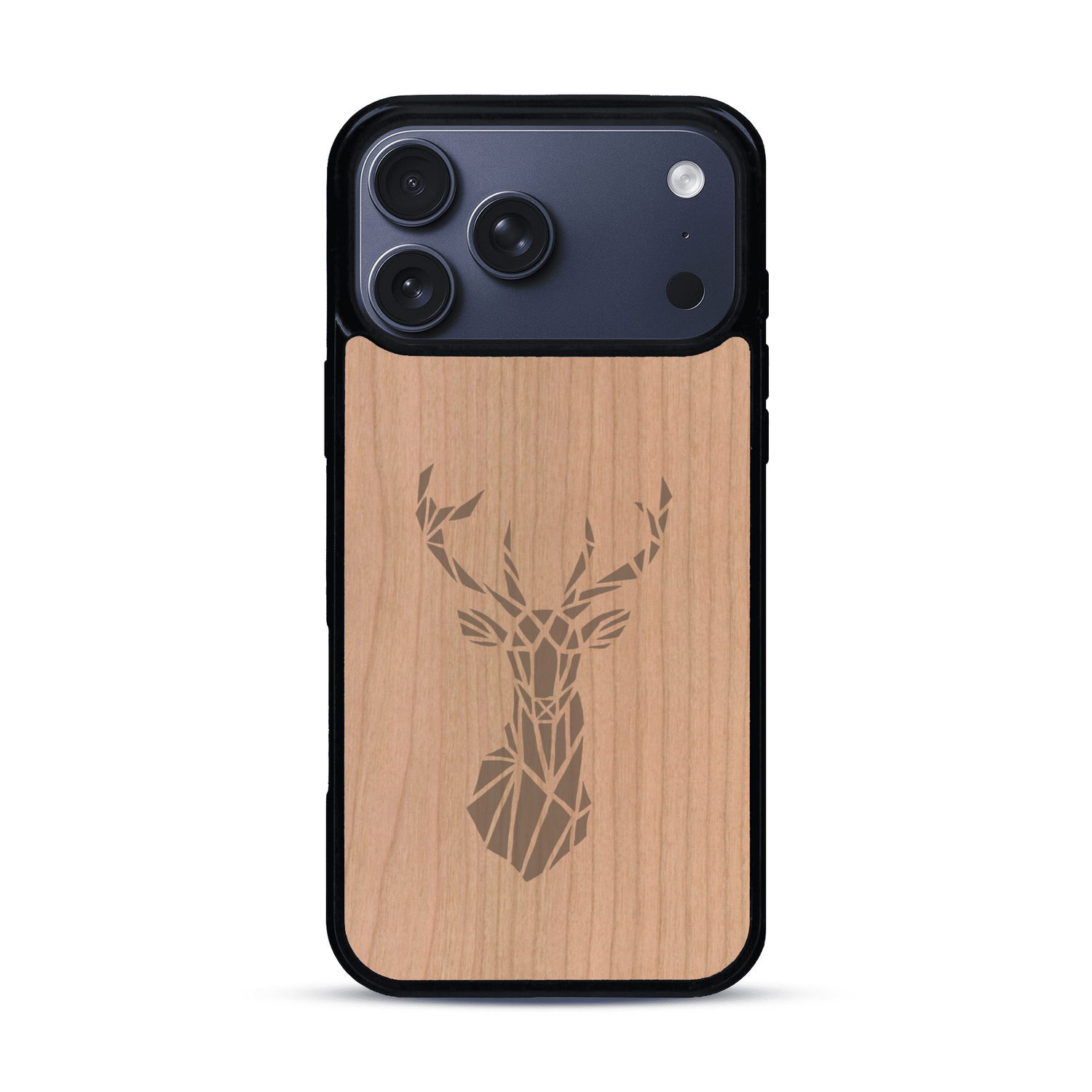 Coque de protection en bois véritable fabriquée en France pour  sur le thème de la nature et des animaux représentant une tête de cerf gométrique avec un design moderne et minimaliste