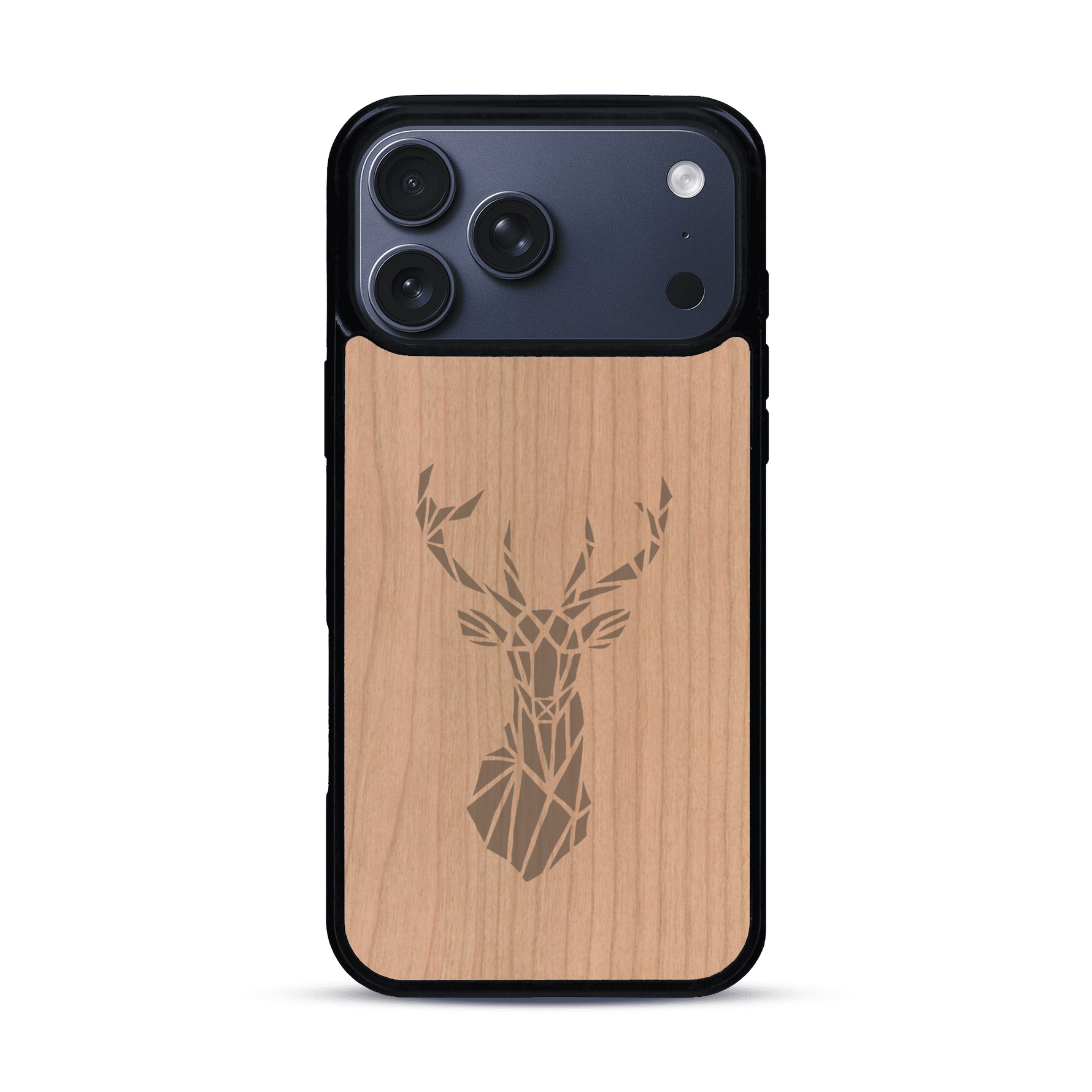 Coque de protection en bois véritable fabriquée en France pour  sur le thème de la nature et des animaux représentant une tête de cerf gométrique avec un design moderne et minimaliste