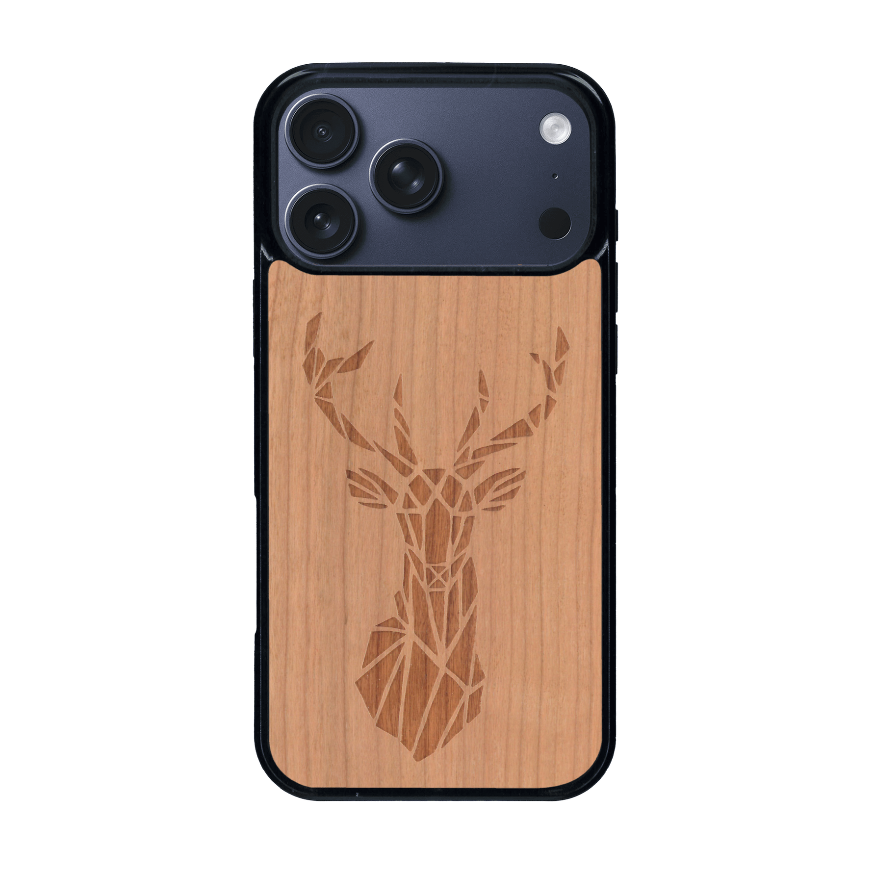 Coque de protection en bois véritable fabriquée en France pour iPhone 17 Pro Max sur le thème de la nature et des animaux représentant une tête de cerf gométrique avec un design moderne et minimaliste