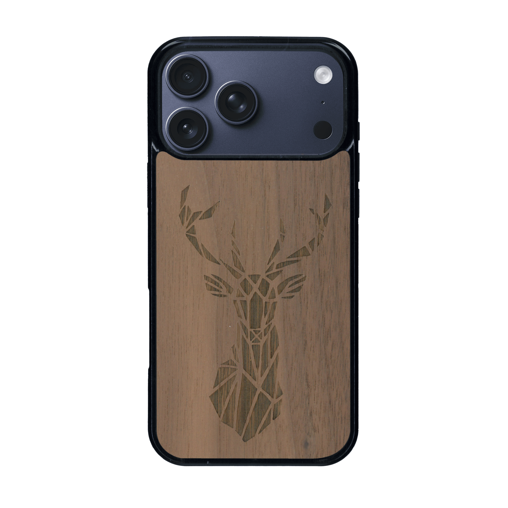 Coque de protection en bois véritable fabriquée en France pour iPhone 17 Pro Max sur le thème de la nature et des animaux représentant une tête de cerf gométrique avec un design moderne et minimaliste