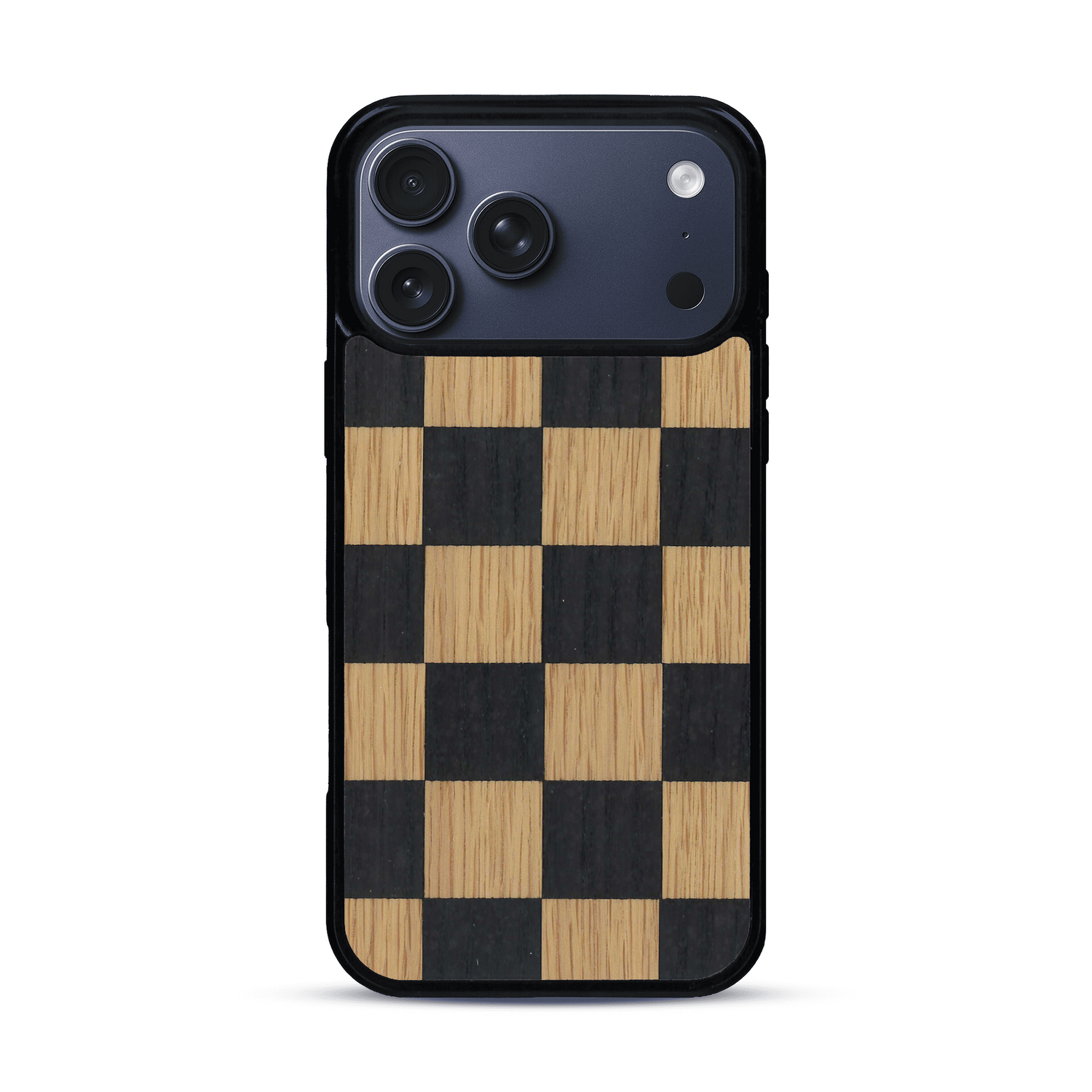 Coque de protection en bois véritable fabriquée en France pour  alliant plusieurs essences de bois pour représenter un damier