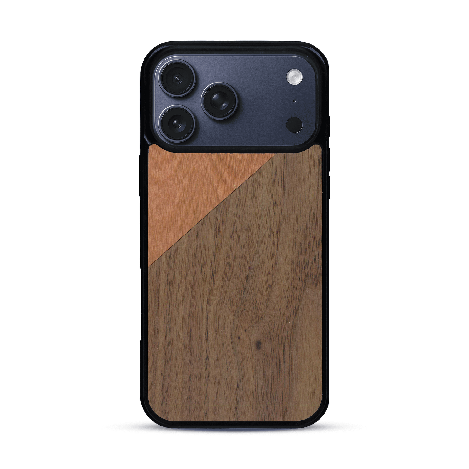 Coque de protection en bois véritable fabriquée en France pour  alliant du merisier et du noyer formant chacun un triangle avec une jointure en diagonale sur le thème de l'art abstrait