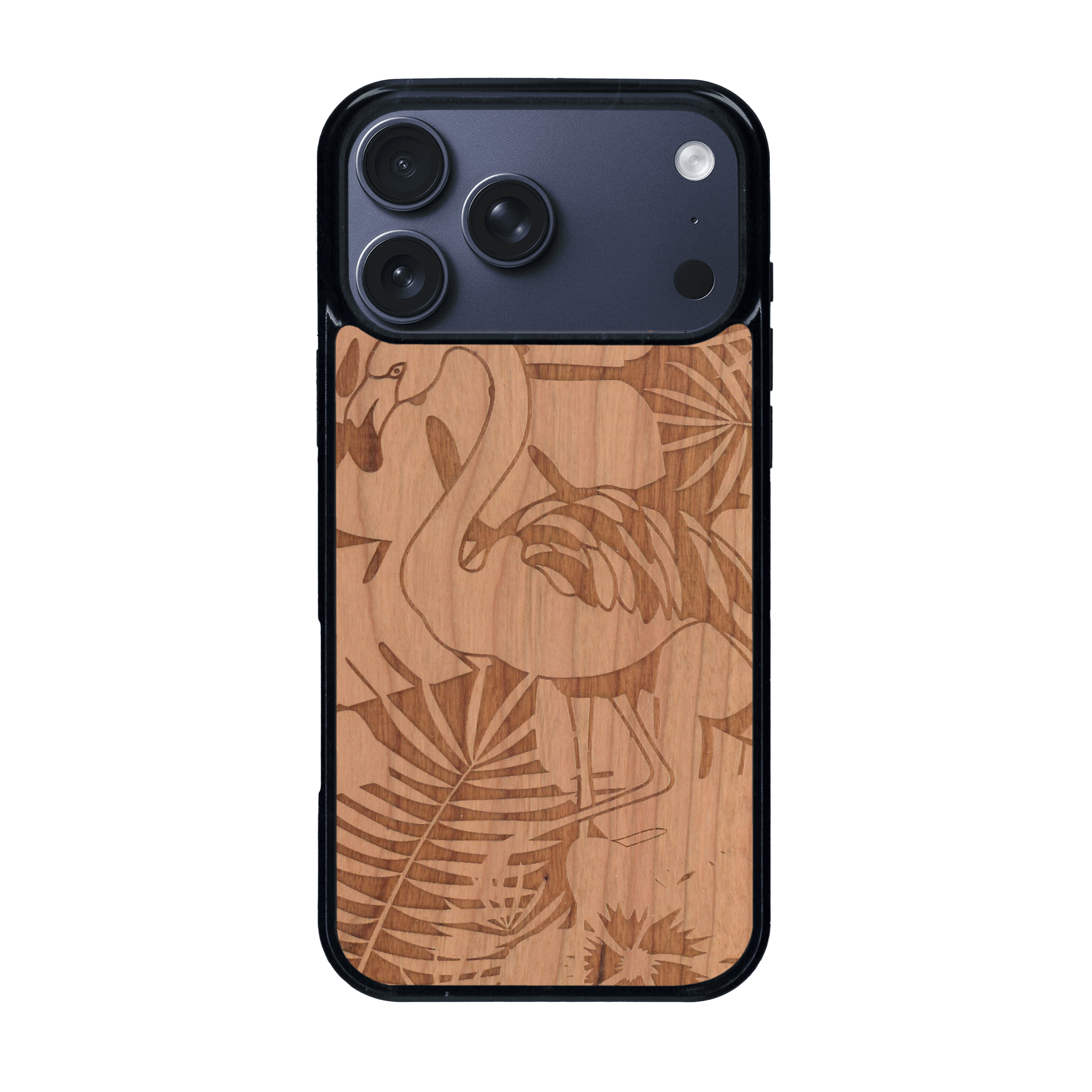 Coque de protection en bois véritable fabriquée en France pour iPhone 17 Pro Max sur le thème de la nature et des animaux représentant un flamant rose entre des fougères