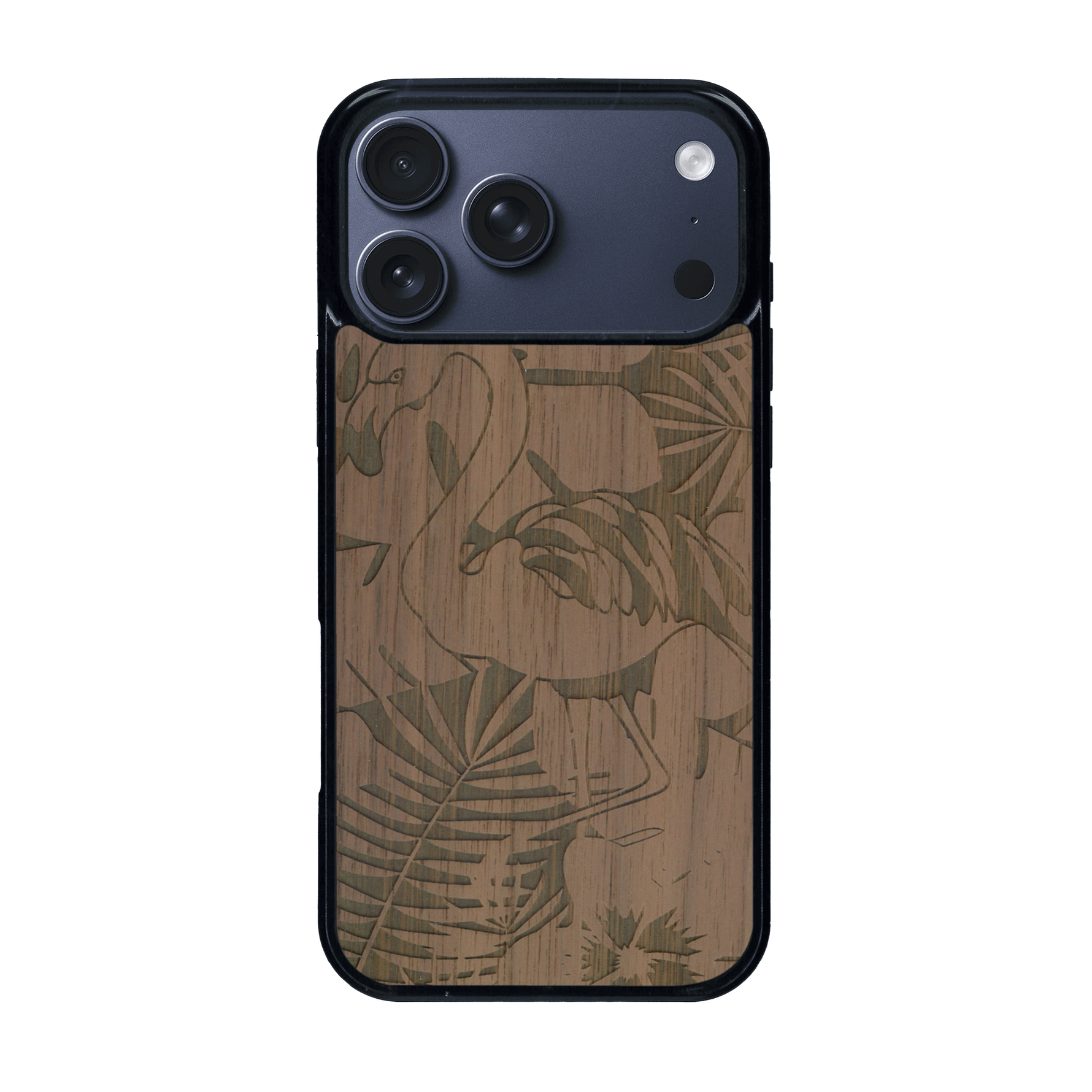 Coque de protection en bois véritable fabriquée en France pour iPhone 17 Pro Max sur le thème de la nature et des animaux représentant un flamant rose entre des fougères