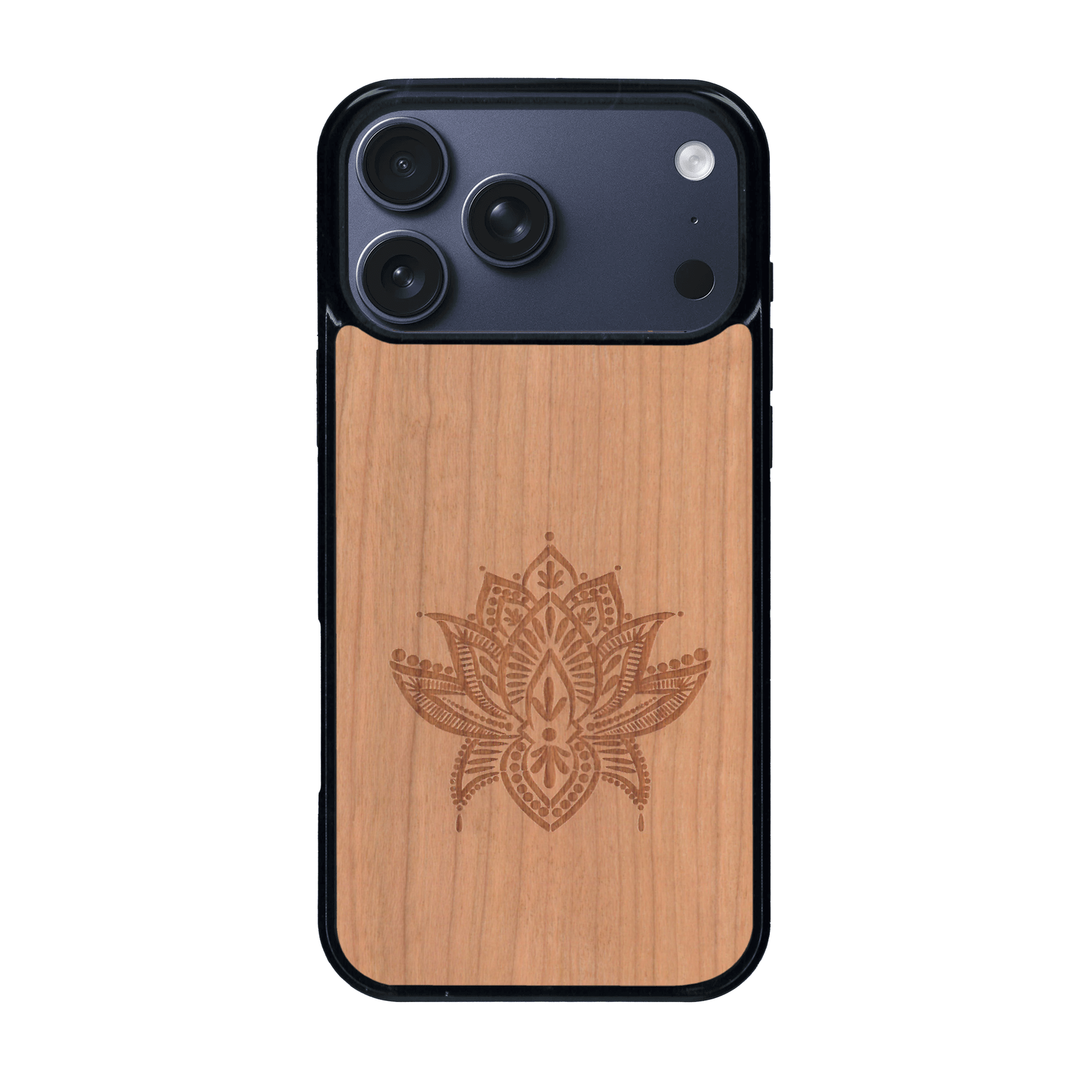 Coque de protection en bois véritable fabriquée en France pour iPhone 17 Pro Max sur le thème de la nature et du yoga avec une gravure zen représentant une fleur de lotus
