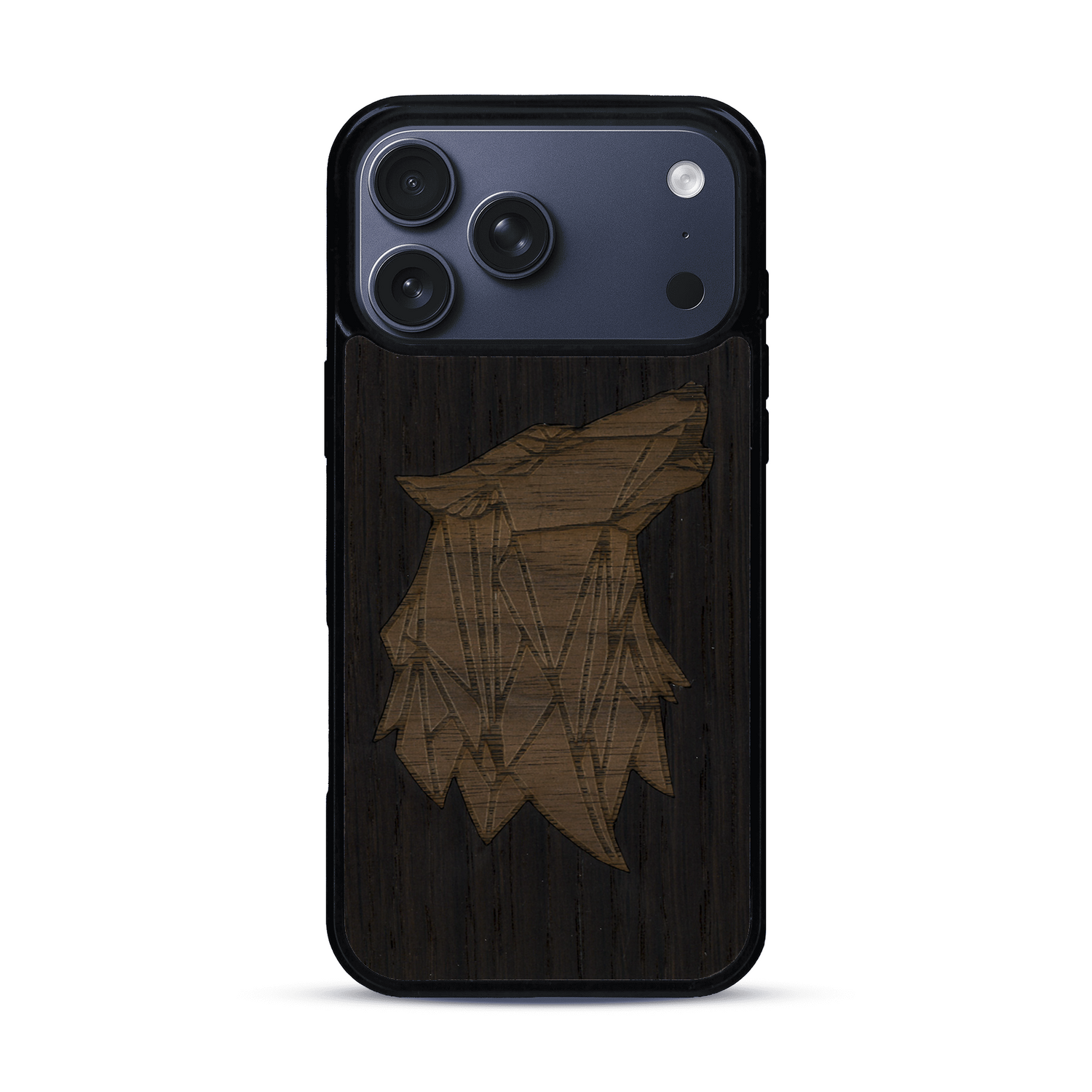 Coque de protection en bois véritable fabriquée en France pour  alliant du chêne fumé et du noyer représentant une tête de loup géométrique de profil sur le thème des animaux et de la nature
