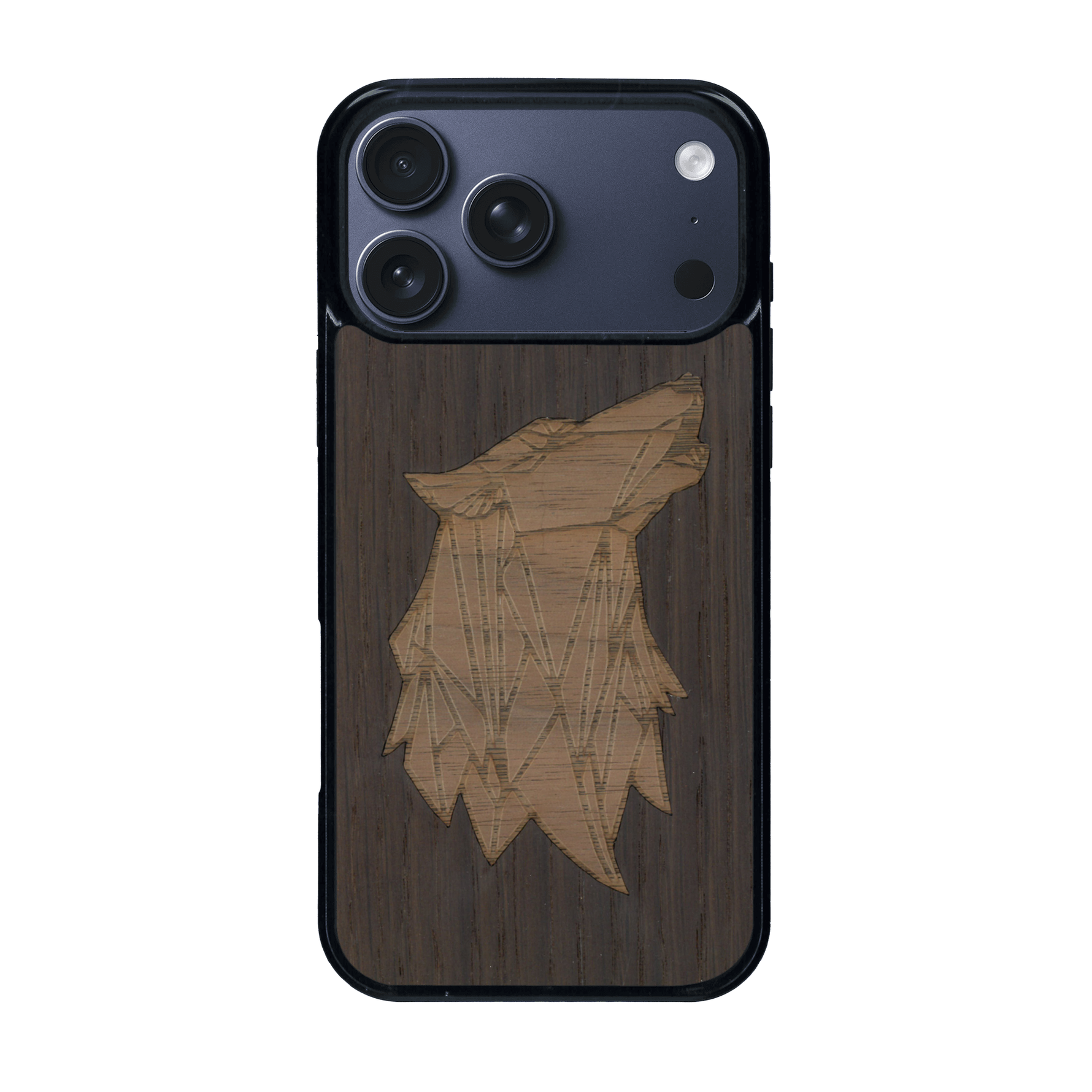 Coque de protection en bois véritable fabriquée en France pour iPhone 17 Pro Max alliant du chêne fumé et du noyer représentant une tête de loup géométrique de profil sur le thème des animaux et de la nature