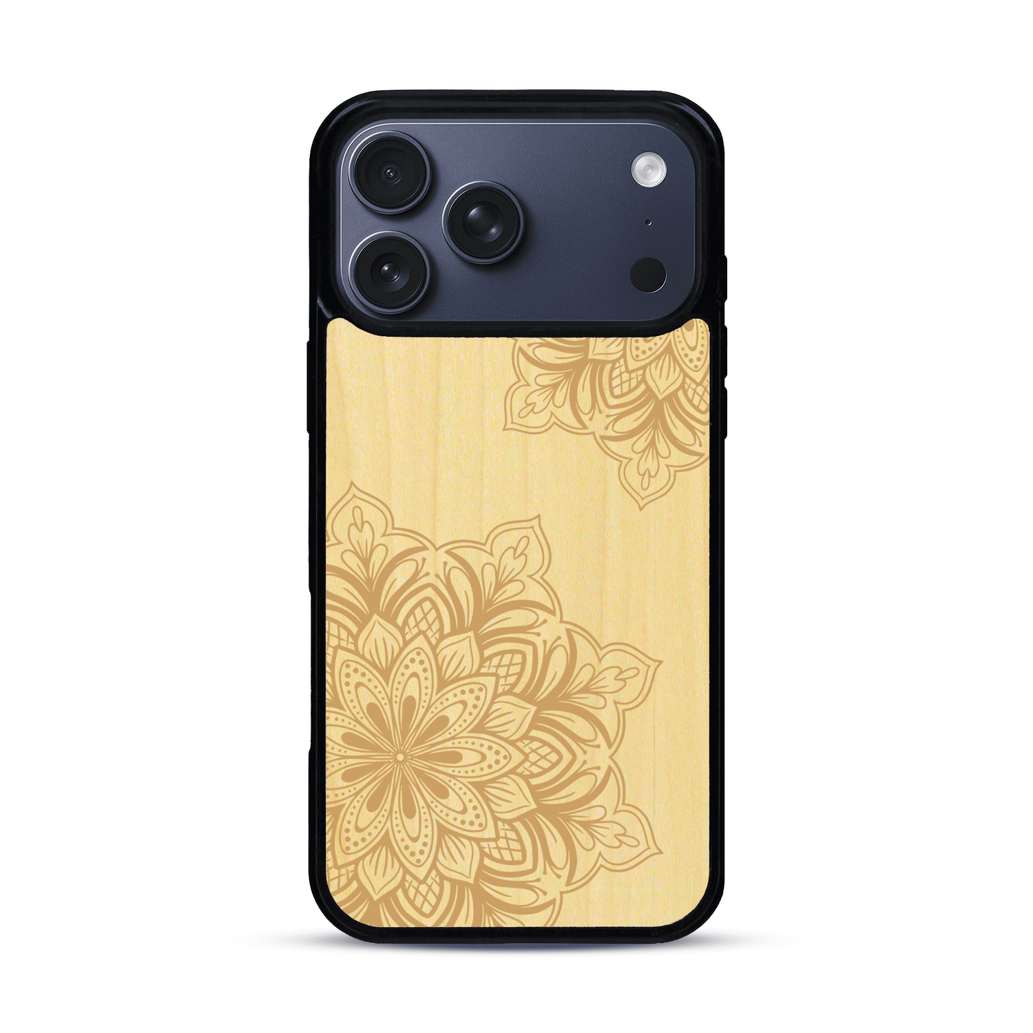Coque de protection en bois véritable fabriquée en France pour  sur le thème de la bohème et du tatouage au henné avec une gravure représentant un mandala