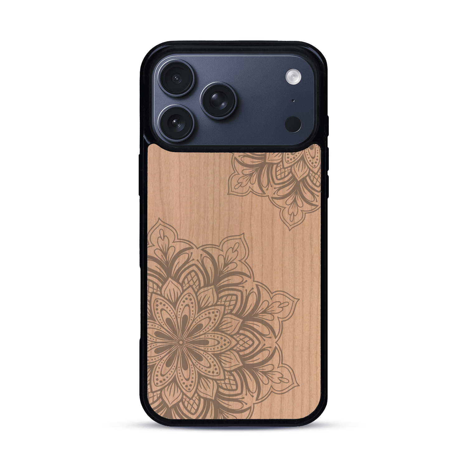 Coque de protection en bois véritable fabriquée en France pour  sur le thème de la bohème et du tatouage au henné avec une gravure représentant un mandala