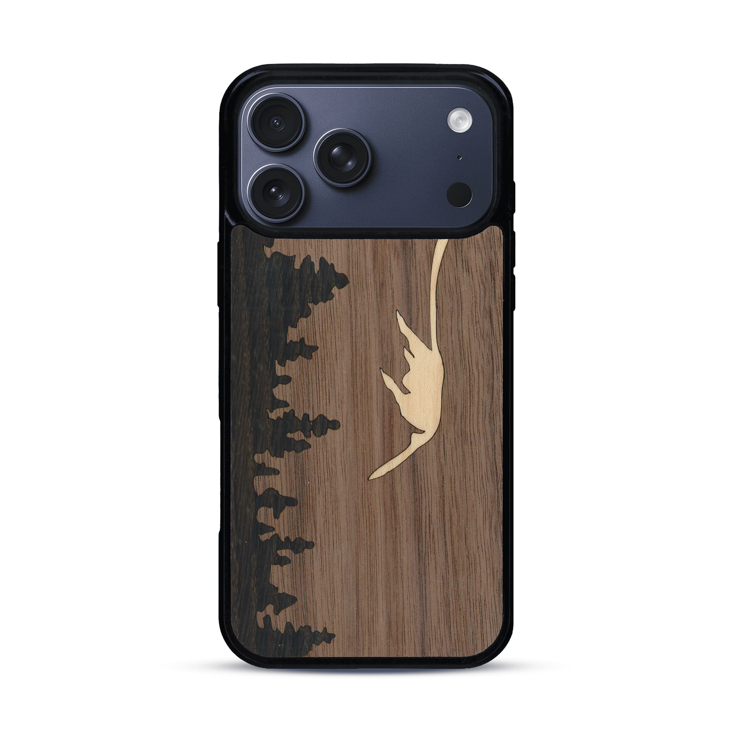 Coque de protection en bois véritable fabriquée en France pour  sur le thème de la nature et de la montagne qui allie du chêne fumé, du noyer et du bambou représentant le mont mézenc