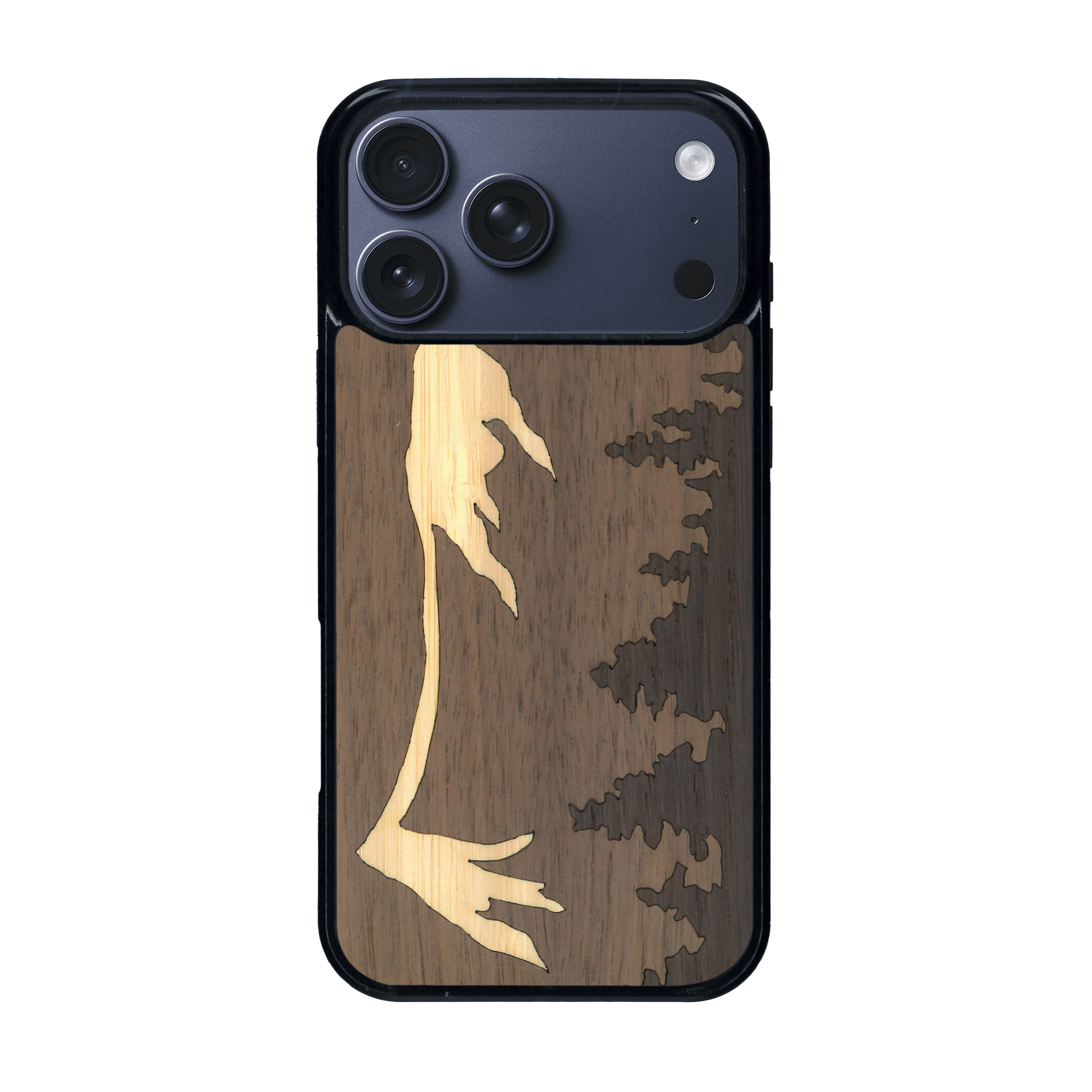 Coque de protection en bois véritable fabriquée en France pour iPhone 17 Pro Max sur le thème de la nature et de la montagne qui allie du chêne fumé, du noyer et du bambou représentant le mont mézenc