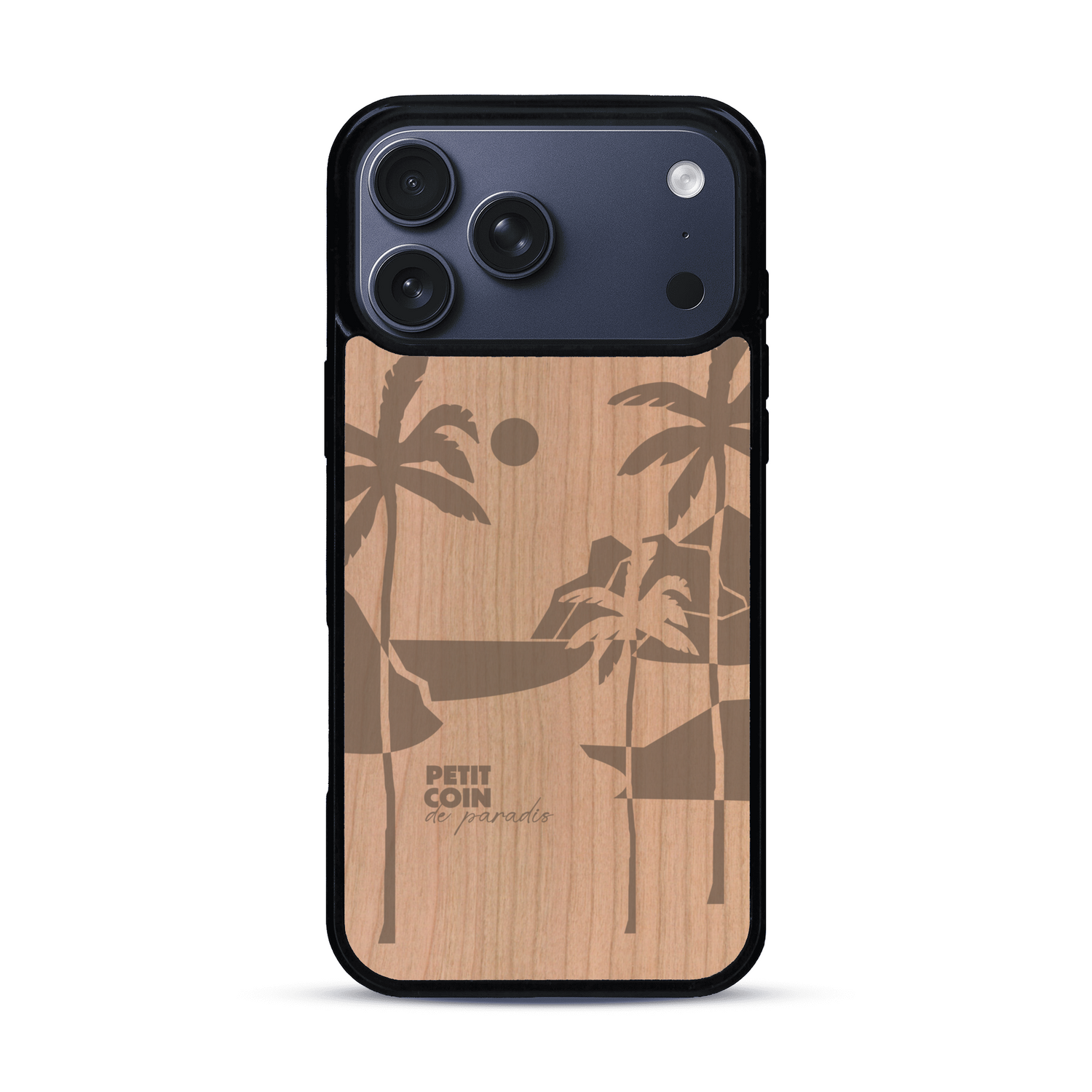 Coque de protection en bois véritable fabriquée en France pour  sur le thème des voyages en vans, vanlife et chill avec une gravure représentant un van vw combi devant le soleil couchant sur une plage avec des vagues