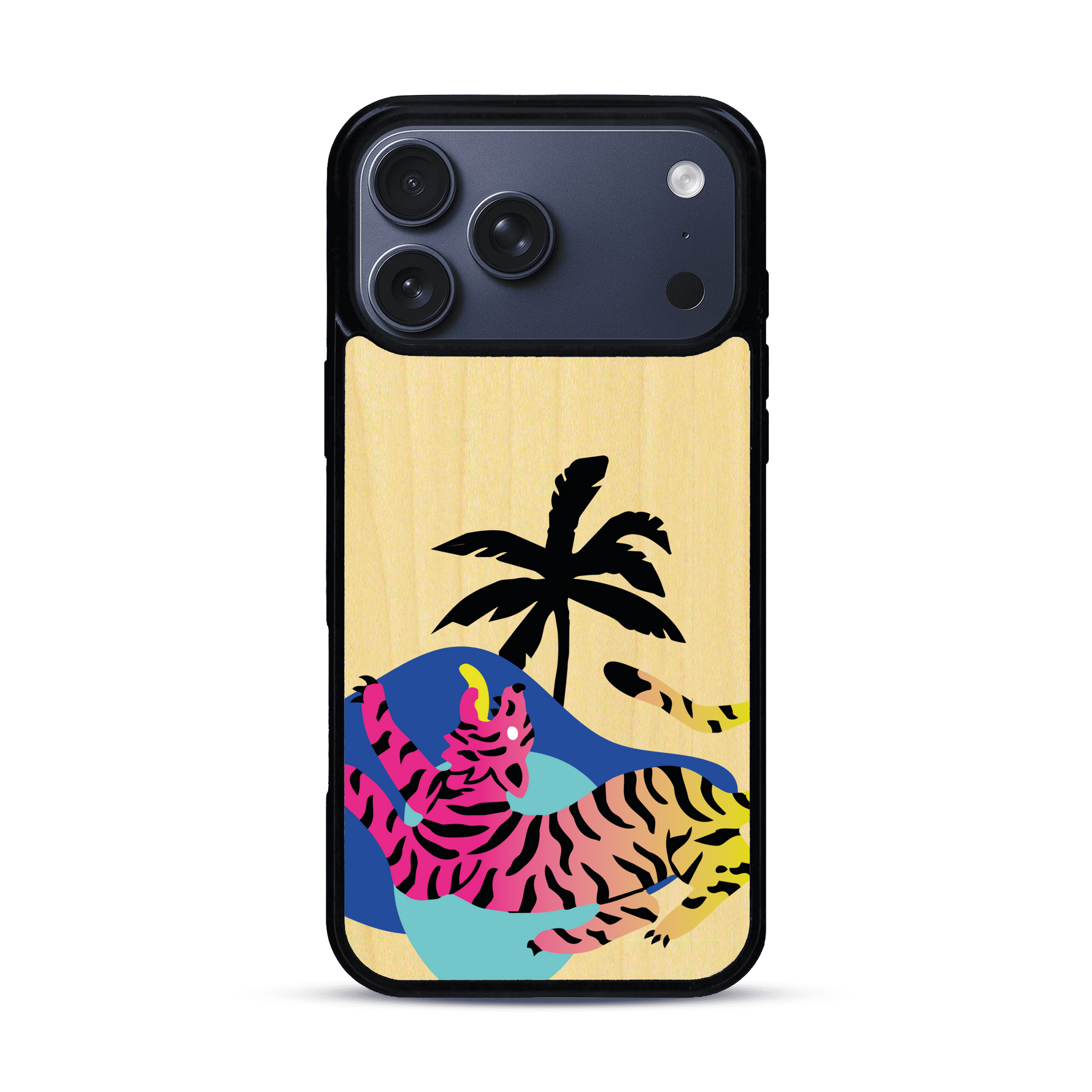 Coque de protection en bois véritable fabriquée en France pour iPhone 17 Pro Max représentant un tigre coloré avec un design moderne et minimaliste sur le thème de la jungle et de la nature
