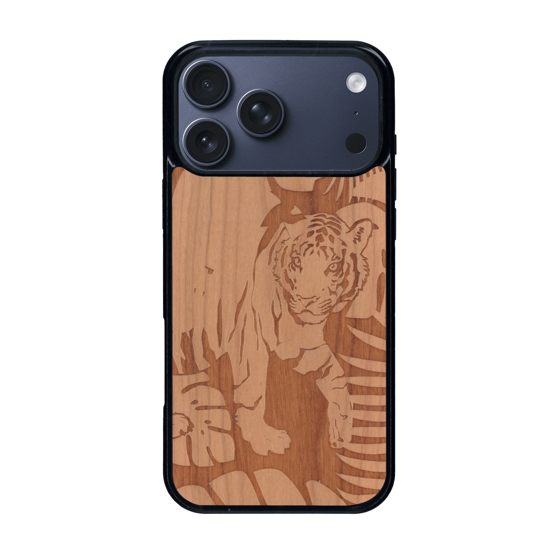 Coque de protection en bois véritable fabriquée en France pour iPhone 17 Pro Max sur le thème de la nature et des animaux représentant un tigre dans la jungle entre des fougères