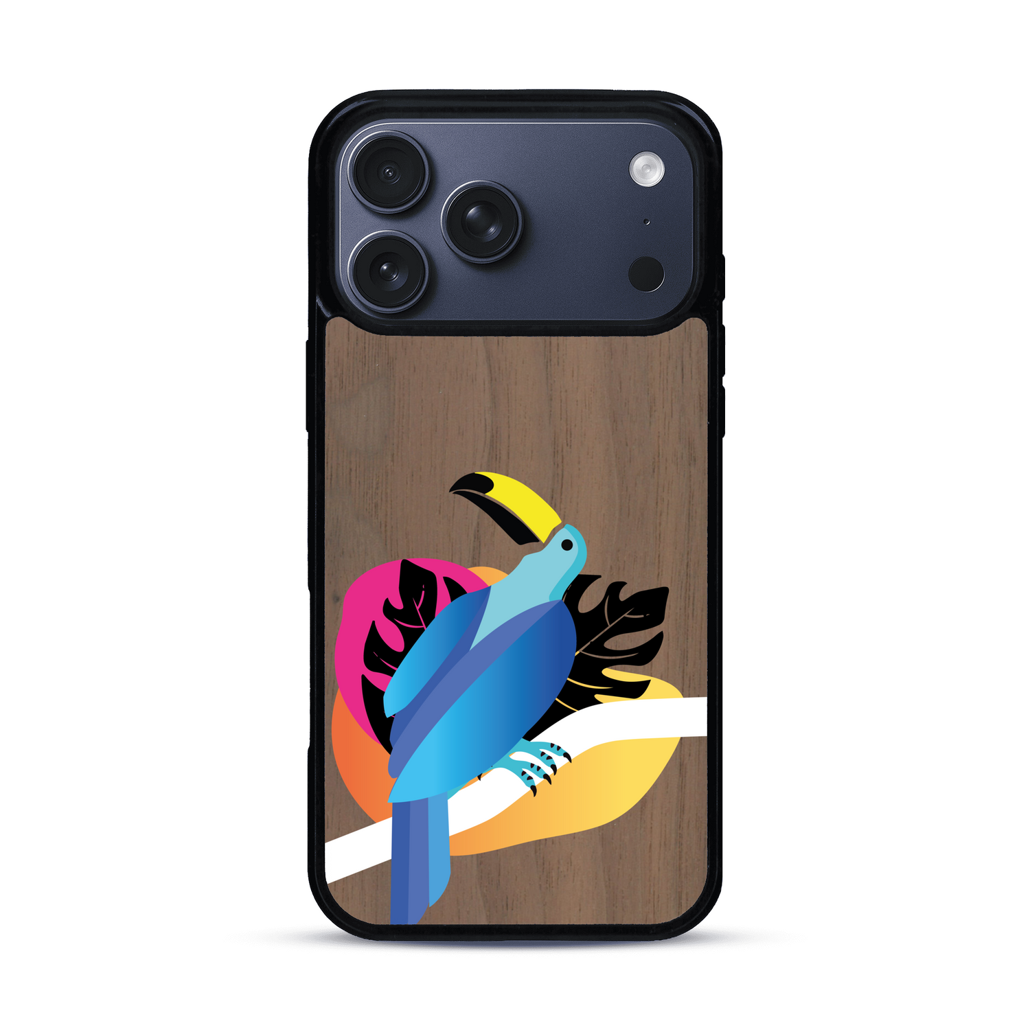 Coque de protection en bois véritable fabriquée en France pour iPhone 17 Pro Max représentant un toucan coloré avec un design moderne et minimaliste sur le thème de la jungle et de la nature