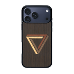 Coque de protection en bois véritable fabriquée en France pour iPhone 17 Pro Max sur le thème de l'art géométrique qui allie du chêne fumé, du noyer, du bambou et du padouk représentant le triangle de penrose