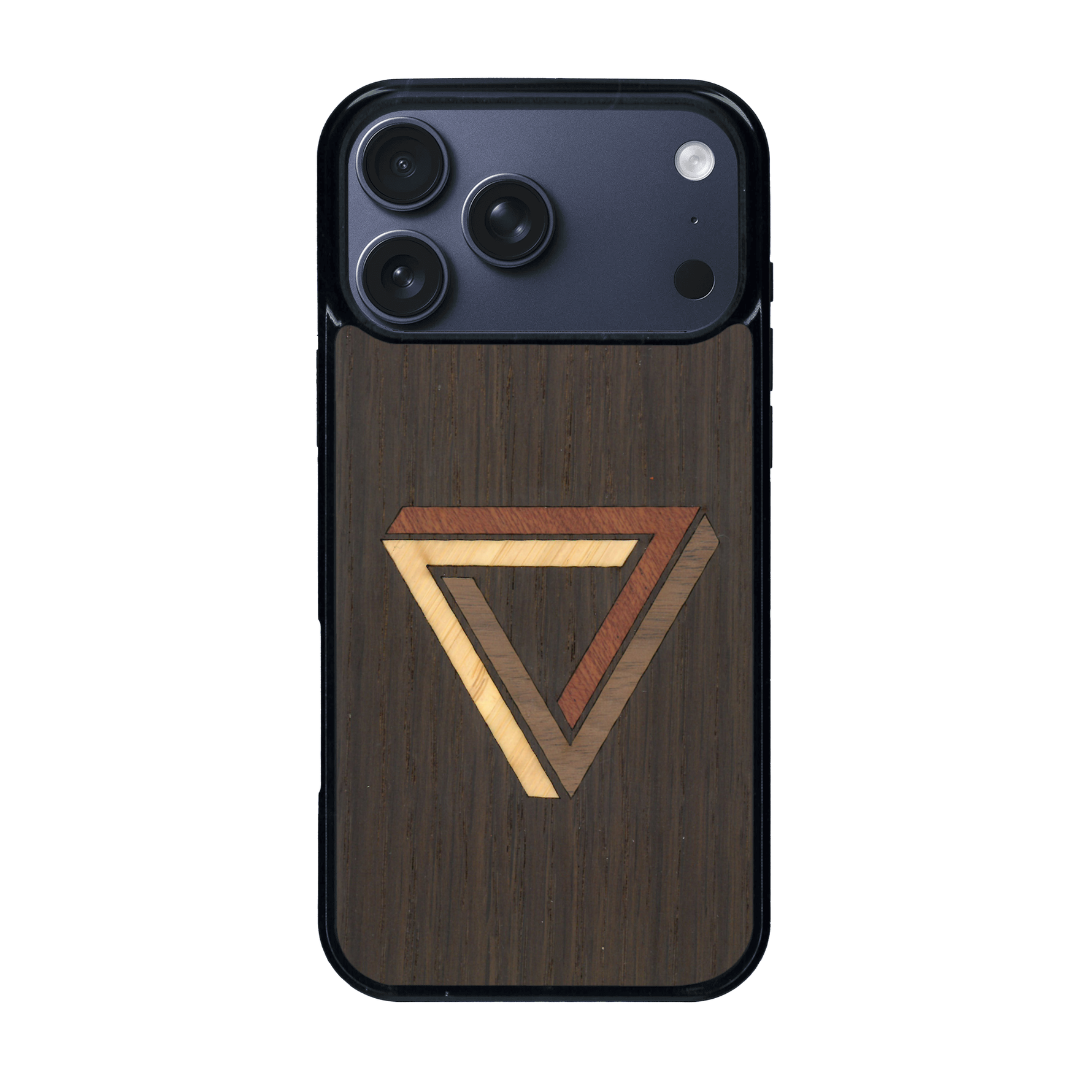 Coque de protection en bois véritable fabriquée en France pour iPhone 17 Pro Max sur le thème de l'art géométrique qui allie du chêne fumé, du noyer, du bambou et du padouk représentant le triangle de penrose