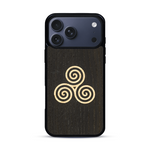 Coque de protection en bois véritable fabriquée en France pour  alliant du chêne fumé et du bambou et doré représentant un triskell