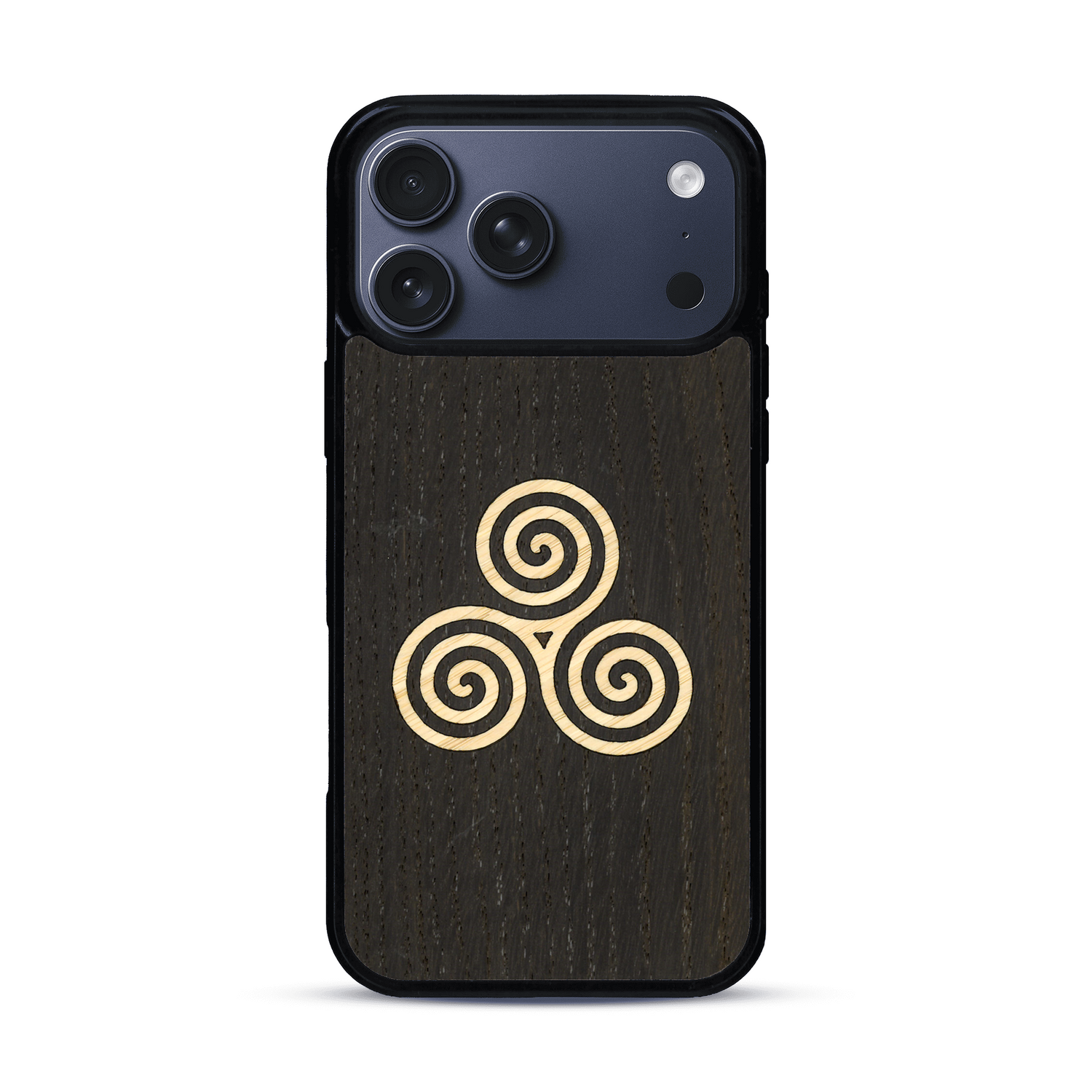 Coque de protection en bois véritable fabriquée en France pour  alliant du chêne fumé et du bambou et doré représentant un triskell