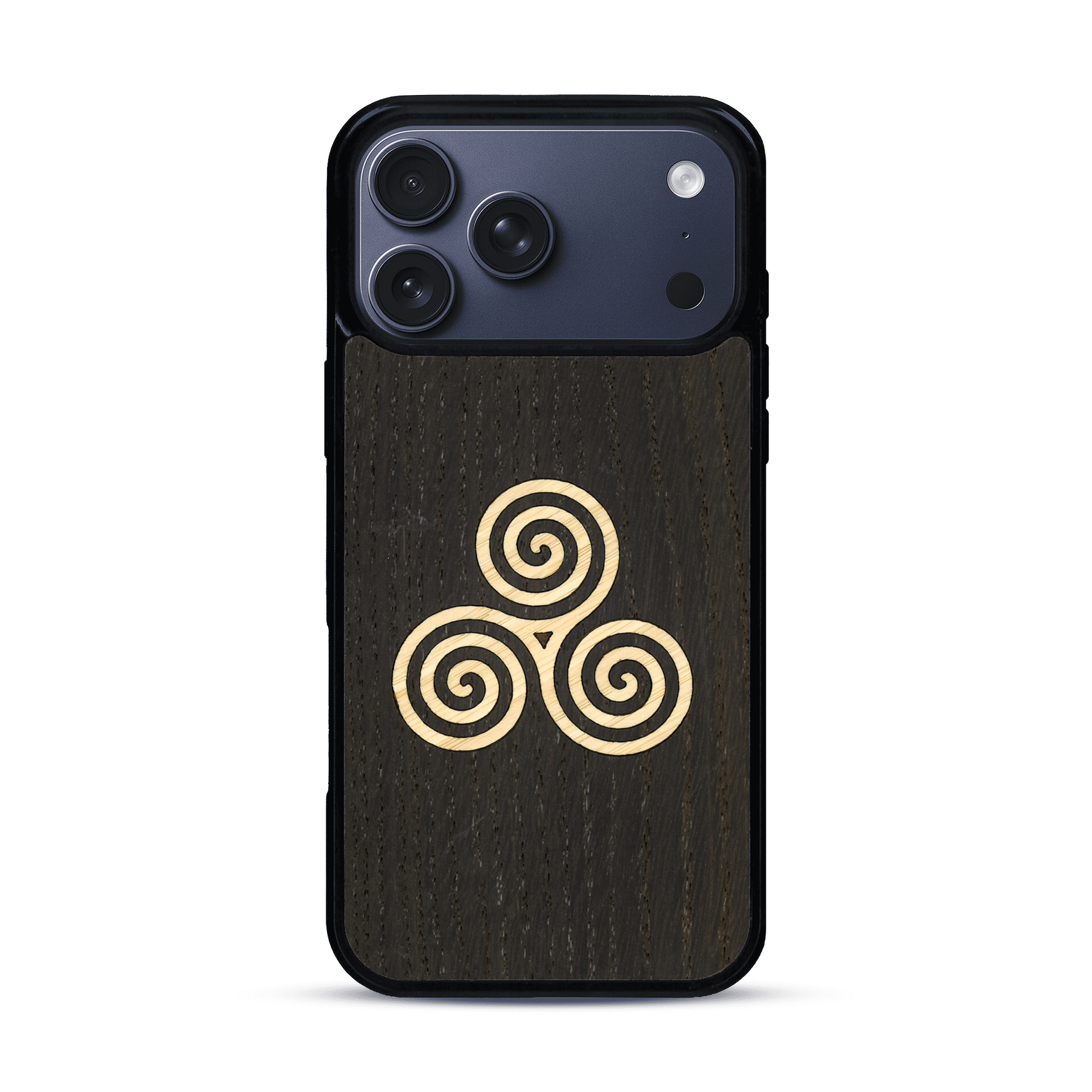 Coque de protection en bois véritable fabriquée en France pour  alliant du chêne fumé et du bambou et doré représentant un triskell