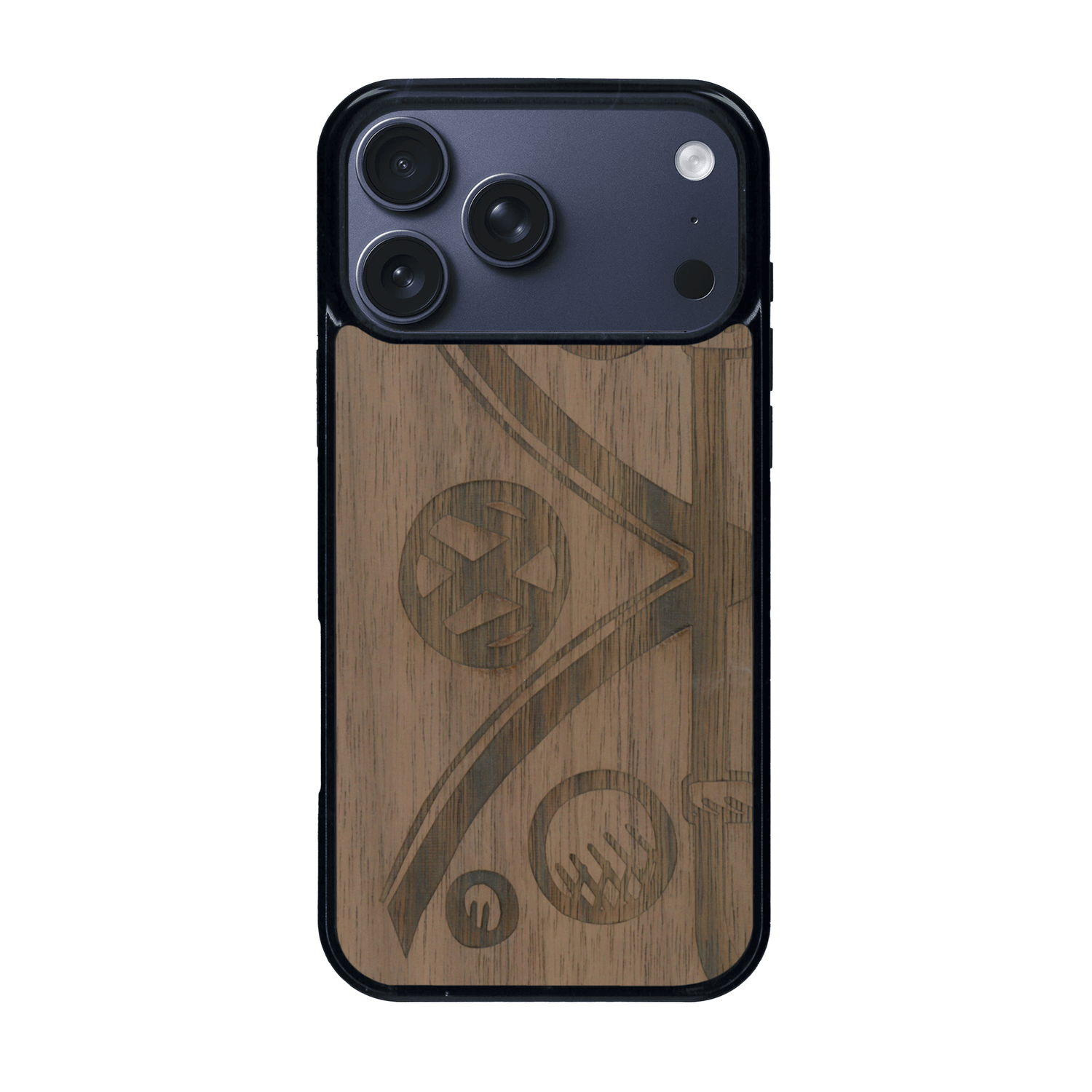 Coque de protection en bois véritable fabriquée en France pour iPhone 17 Pro Max sur le thème de l'automobile avec un van combi