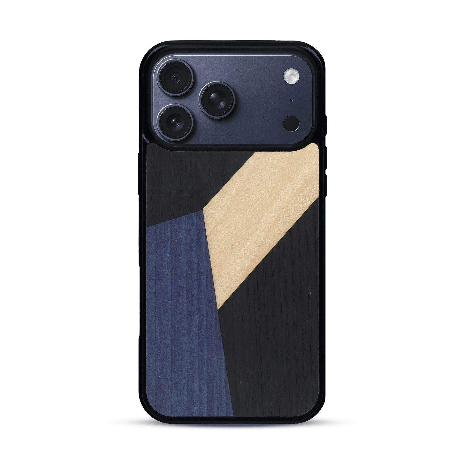 Coque de protection en bois véritable fabriquée en France pour  alliant du bambou, du tulipier bleu et noir en forme de mosaïque minimaliste sur le thème de l'art abstrait