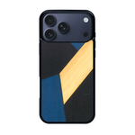 Coque de protection en bois véritable fabriquée en France pour iPhone 17 Pro Max alliant du bambou, du tulipier bleu et noir en forme de mosaïque minimaliste sur le thème de l'art abstrait