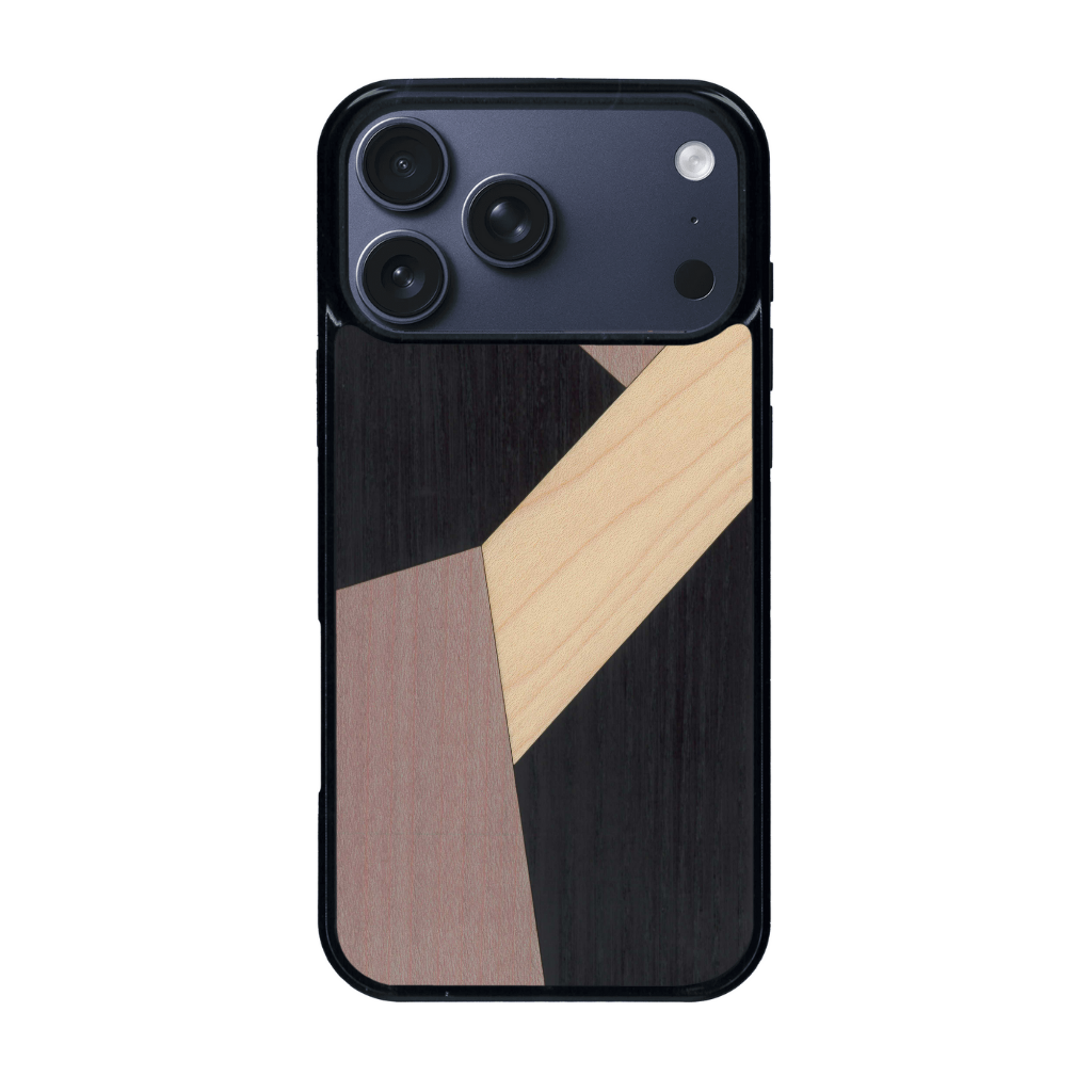 Coque de protection en bois véritable fabriquée en France pour iPhone 17 Pro Max alliant du bambou, du tulipier mauve et noir en forme de mosaïque minimaliste sur le thème de l'art abstrait
