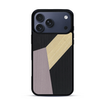 Coque de protection en bois véritable fabriquée en France pour  alliant du bambou, du tulipier mauve et noir en forme de mosaïque minimaliste sur le thème de l'art abstrait