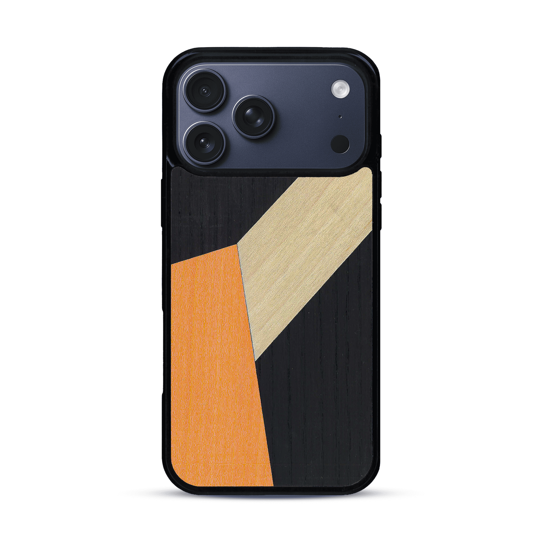 Coque de protection en bois véritable fabriquée en France pour  alliant du bambou, du tulipier orange et noir en forme de mosaïque minimaliste sur le thème de l'art abstrait