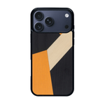 Coque de protection en bois véritable fabriquée en France pour iPhone 17 Pro Max alliant du bambou, du tulipier orange et noir en forme de mosaïque minimaliste sur le thème de l'art abstrait