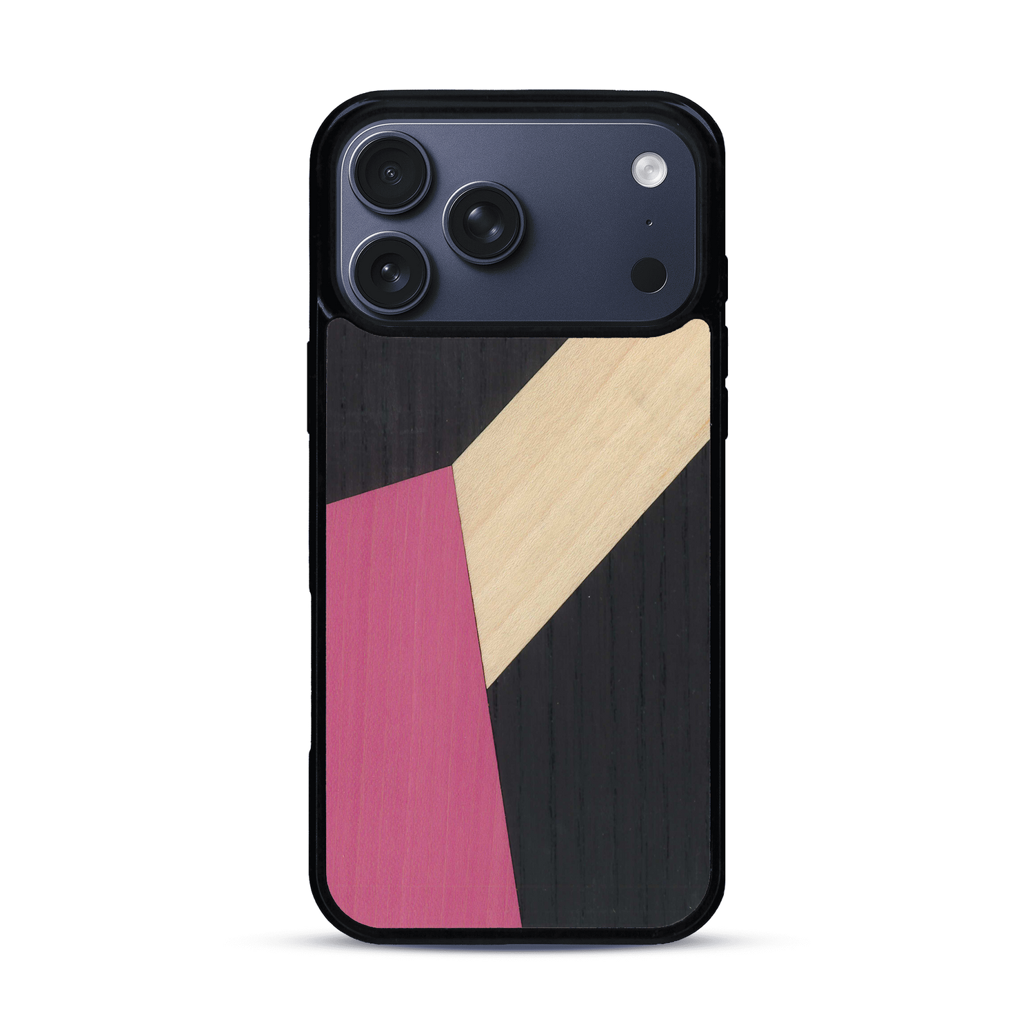 Coque de protection en bois véritable fabriquée en France pour  alliant du bambou, du tulipier rose et noir en forme de mosaïque minimaliste sur le thème de l'art abstrait