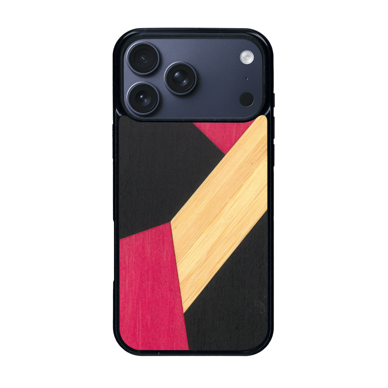 Coque de protection en bois véritable fabriquée en France pour iPhone 17 Pro Max alliant du bambou, du tulipier rose et noir en forme de mosaïque minimaliste sur le thème de l'art abstrait